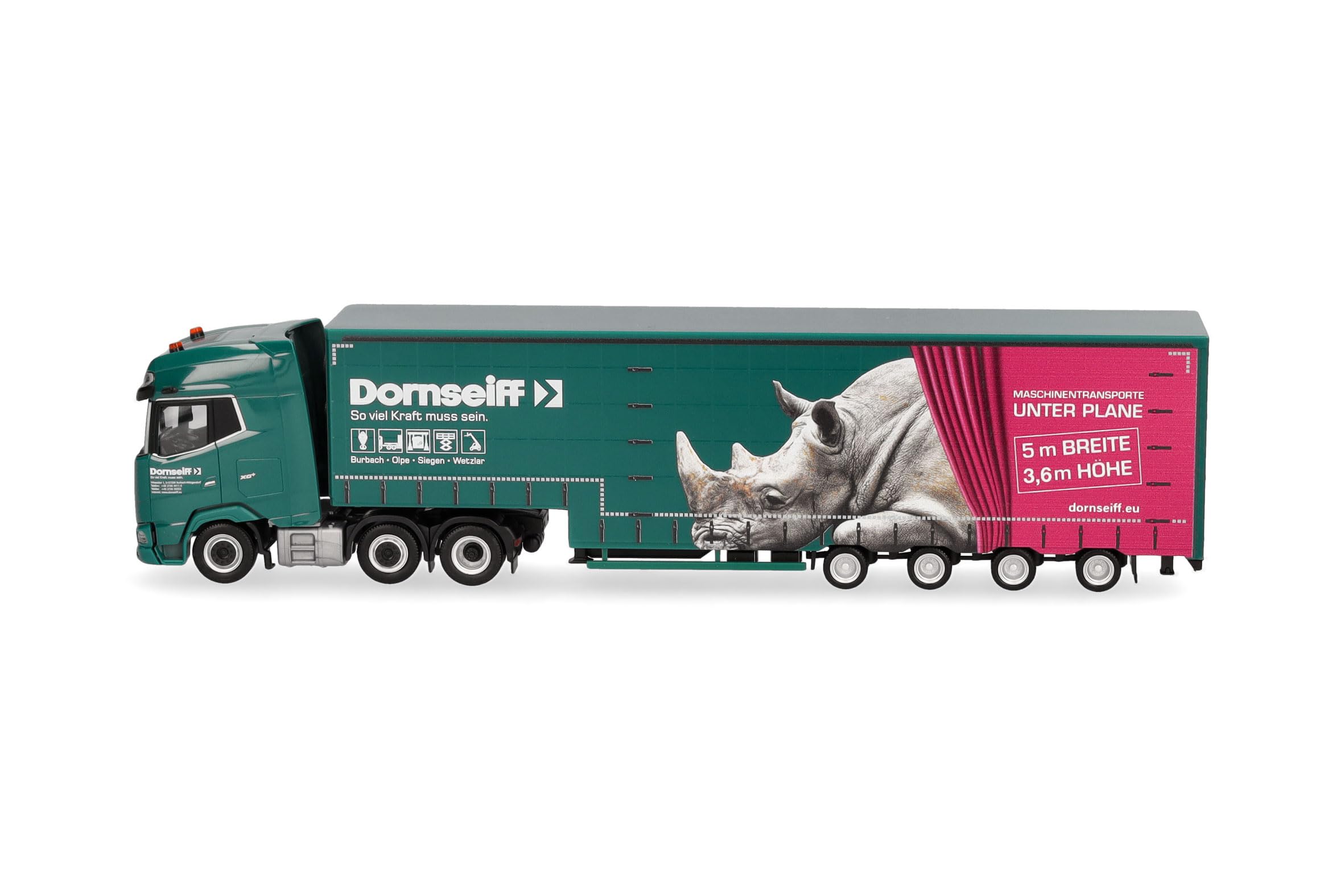 Herpa Model ciężarówki DAF XG+ naczepa objętościowa "Dornseiff", miniatura w skali 1:87, kolekcjonerski, Made in Germany, plastik