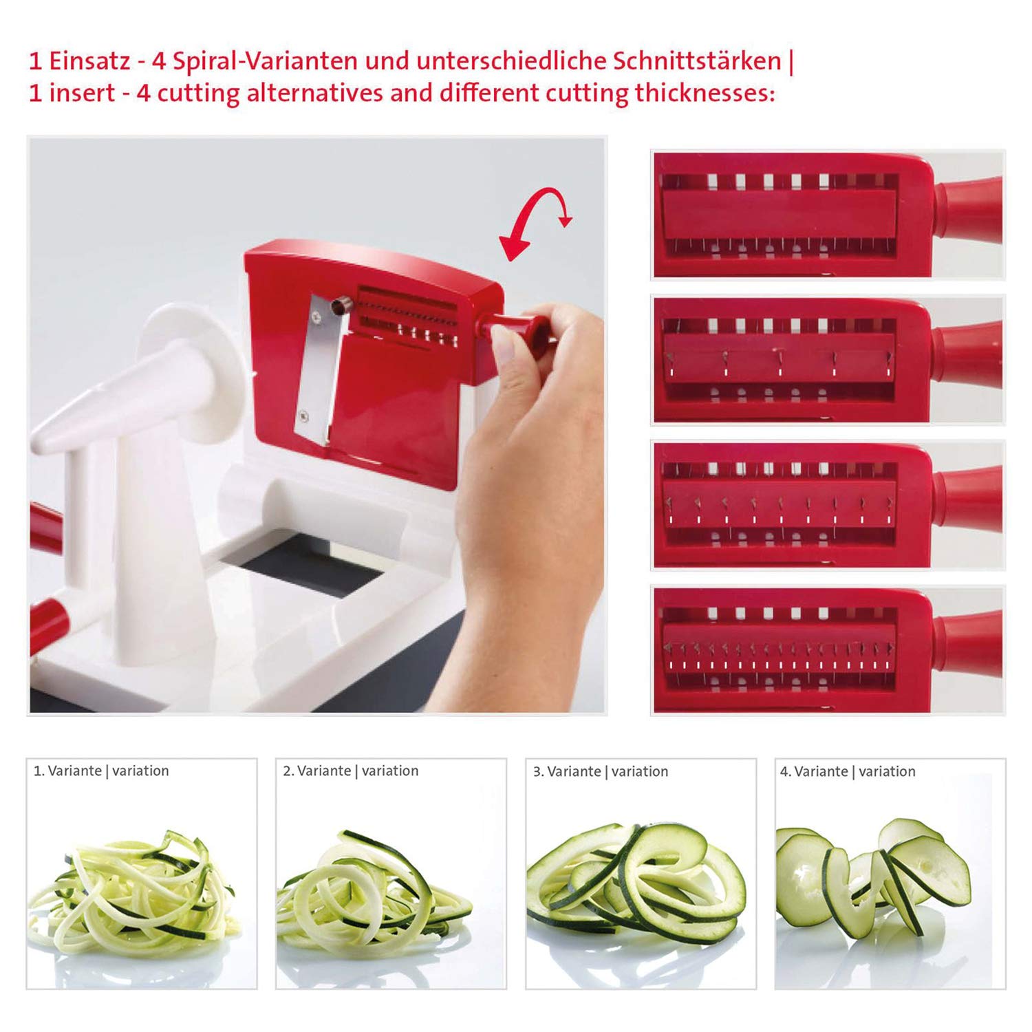 Westmark Affetta-verdure a spirale con 1 inserto per 4 varianti, Spessore regolabile, Acciaio inox/Plastica, Spiro Plus, Bianco/Grigio scuro/Rosso, 97132260