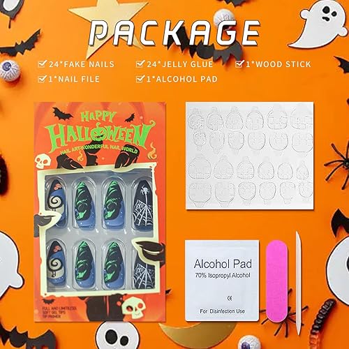 Miniatura 6 de Uñas postizas medianas a presión en forma de almendra de Halloween, con diseño de luna y fantasma, verde fantasma, líneas blancas y negras, uñas con