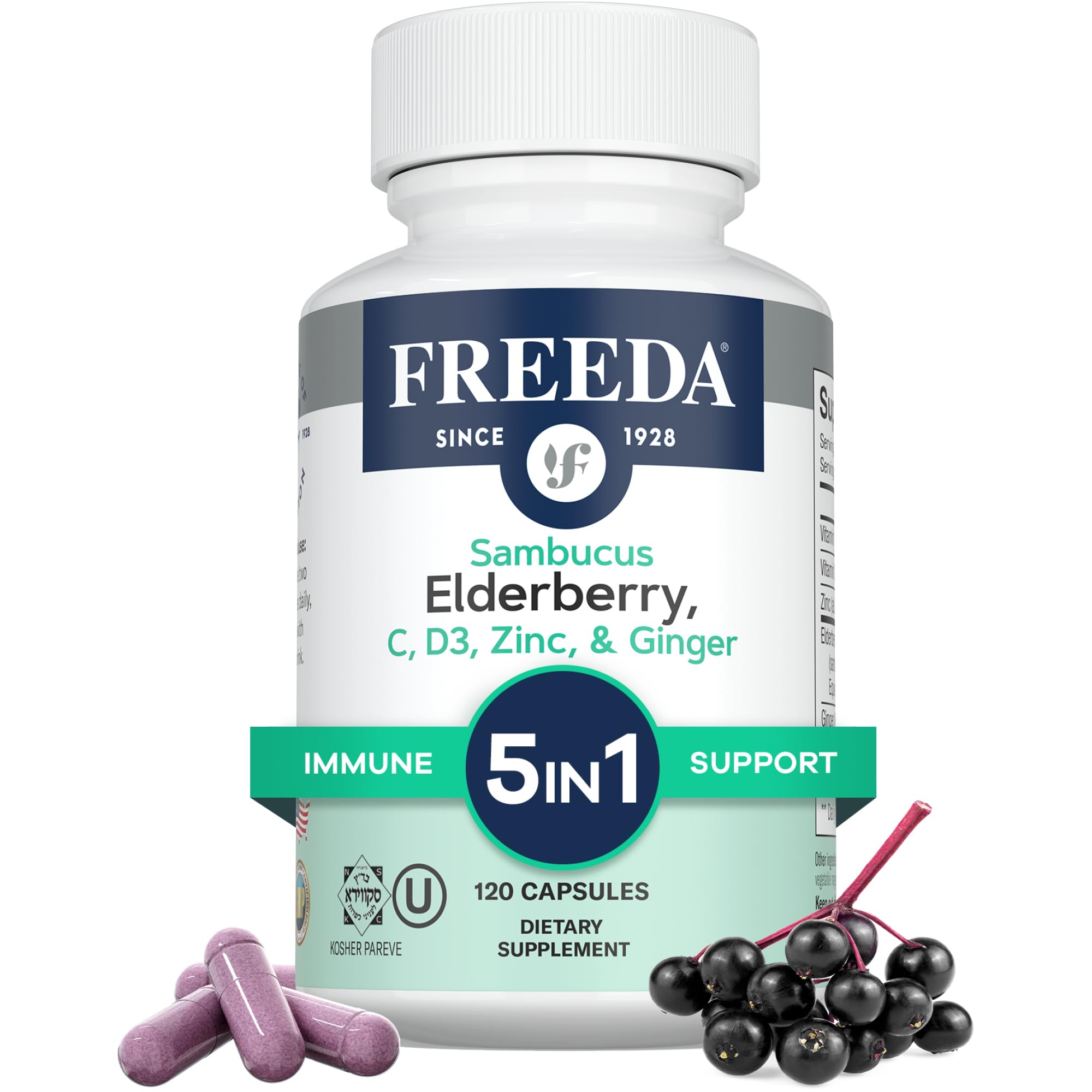 FREEDA Sambucus Elderberry Capsules - 5-in-1 Immune Support - 120 Count 120 Count (Pack of 1)