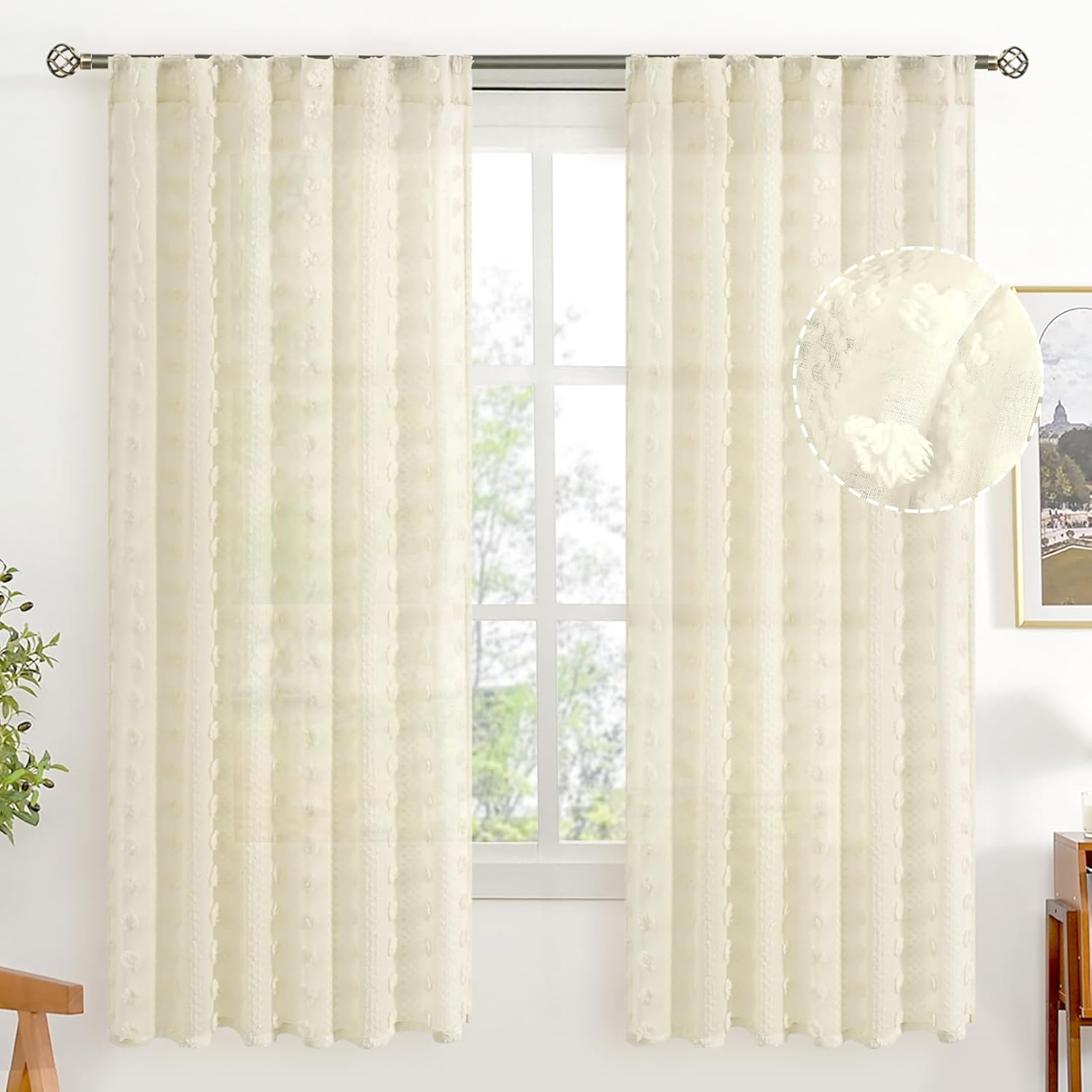 BGment Pom Pom Sheer Curtains 63 inch Length, Boho Textured Light Filtering Curtains with Rod Pocket and Back Tab for Bedroom Nursery, Set of 2 Panels, Yellow, 52 x 63 Inch