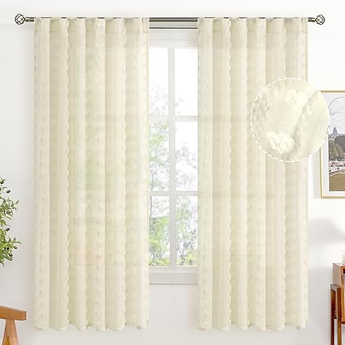 Miniatura 2 de BGment Cortinas traslúcidas con pompones de 63 pulgadas de largo, cortinas bohemias texturizadas filtrantes de luz con bolsillo para barra y pestaña