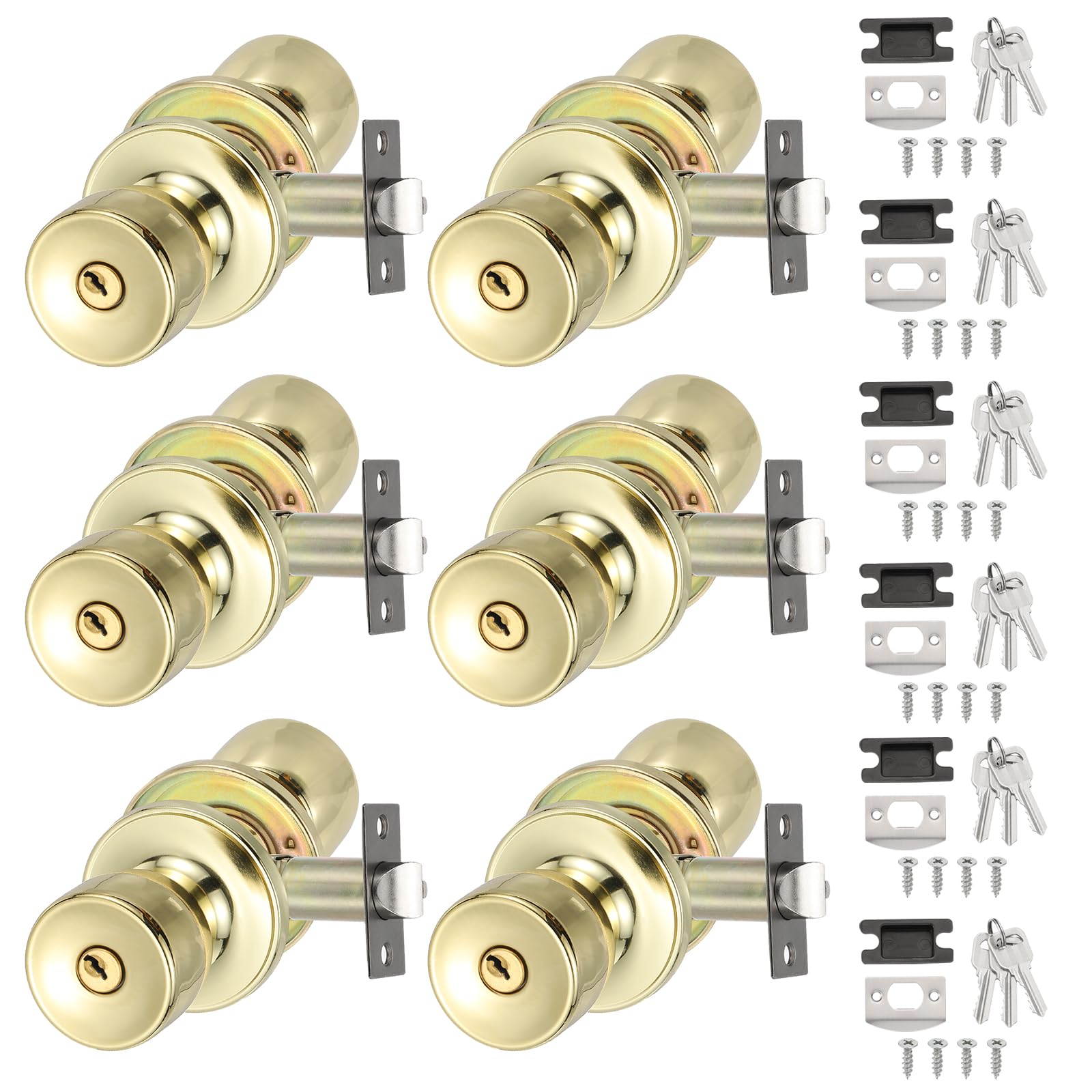 PATIKIL Pomos de puerta de entrada con llave, paquete de 6 pomos redondos de aleación de zinc para dormitorio y baño con cerradura de entrada, puerta interior y exterior, color dorado