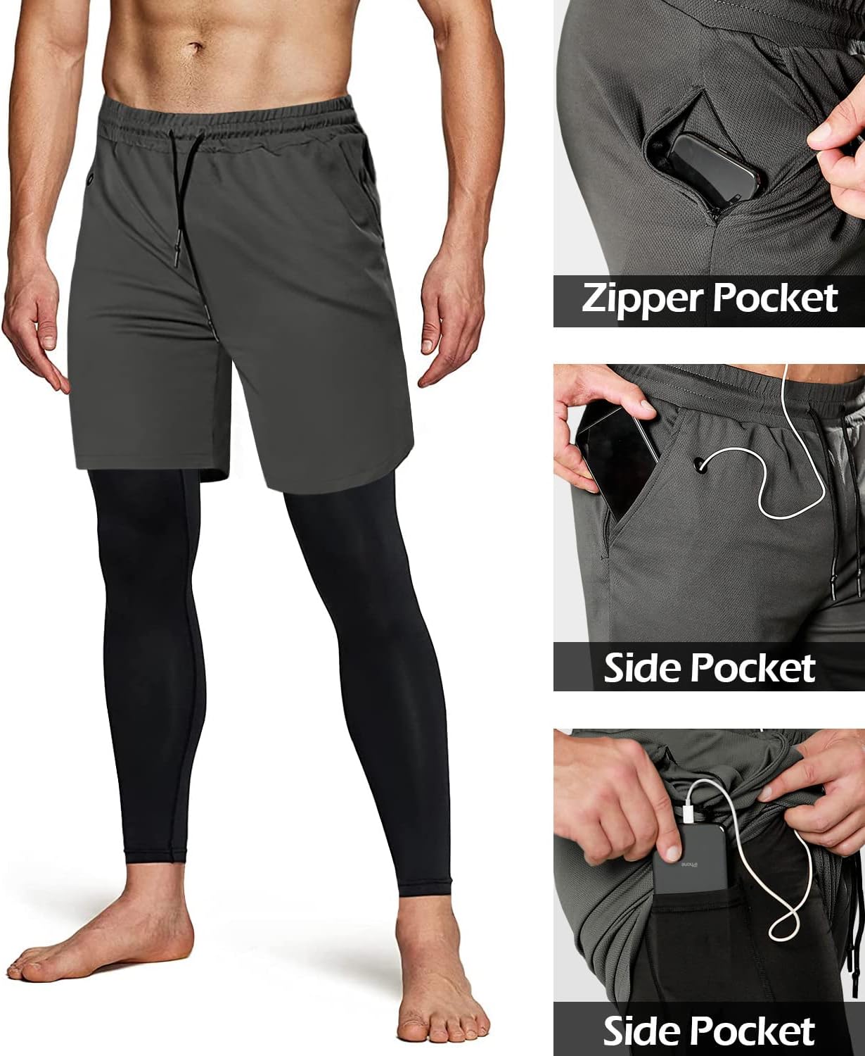 Aolesy Men's 2 in 1 Running Pants, Gym Workout Compression Pants for Men Training Athletic - Image 5