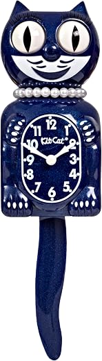 Kit-Cat Klock Limited Edition Galaxy Blue with Pearl Necklace & Eyelashes - Cat Clock, Moving Eyes and Tail, Battery Operated Wall Clock, Made in USA
