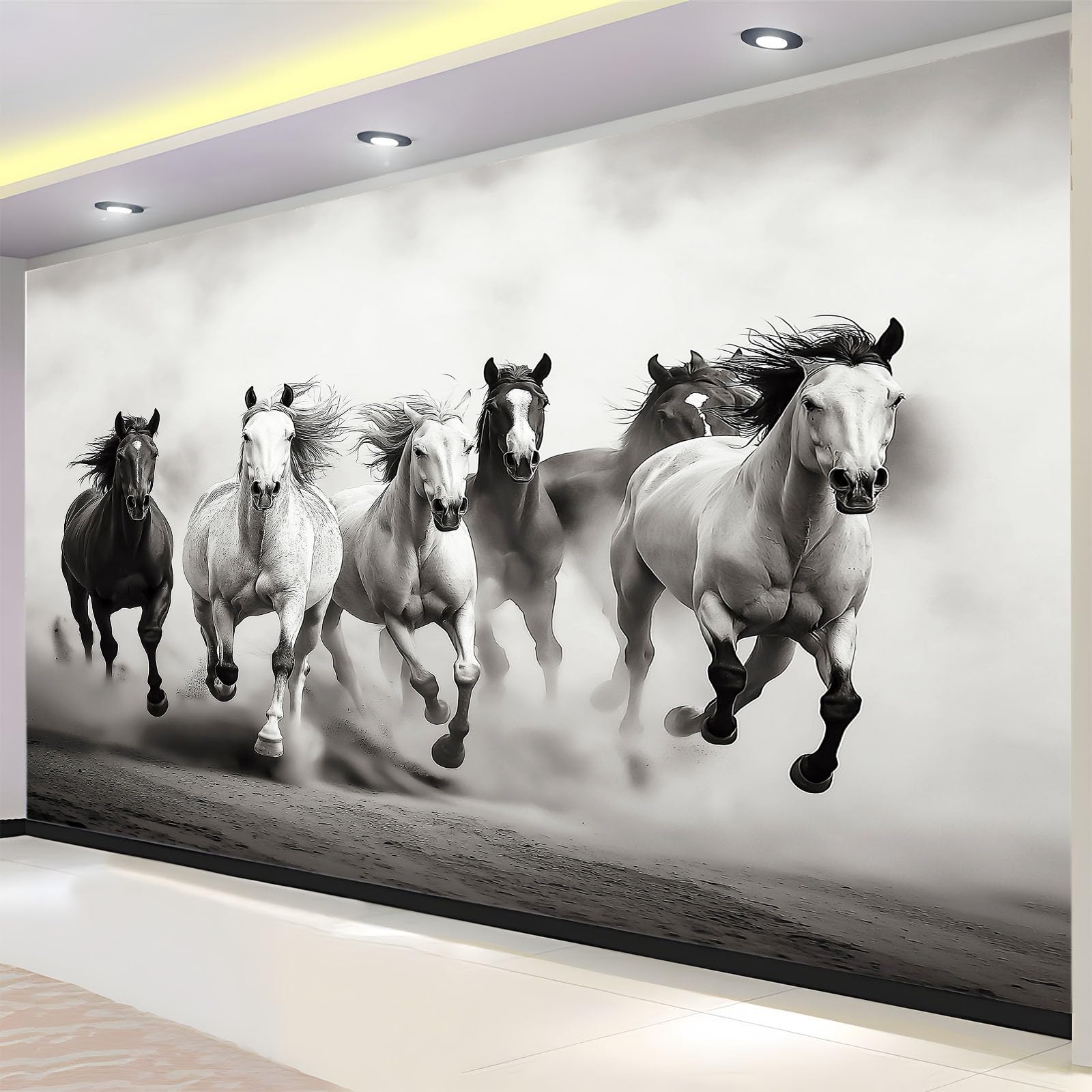 Papel pintado panorámico desierto estampado animal caballo, foto mural moderna 400An x 280Al cm - Papel pintado decoración hogar blanco y negro para salón habitación habitación infantil oficina