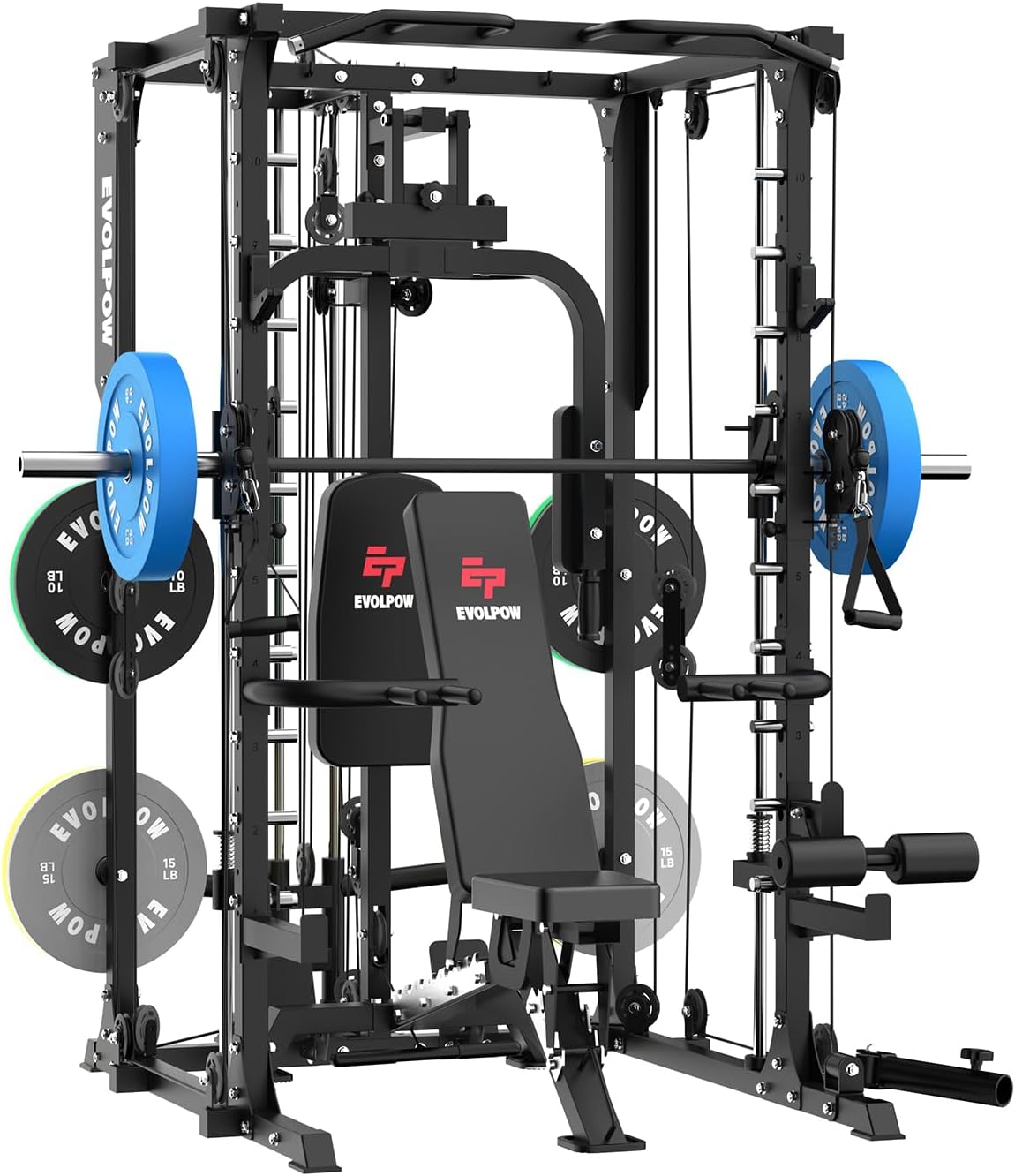 EVOLPOW M2A Smith Machine with LAT Pulldown, PEC Fly, Cable Crossover, Squat Rack with Full Body Training Attachments for Home Gym