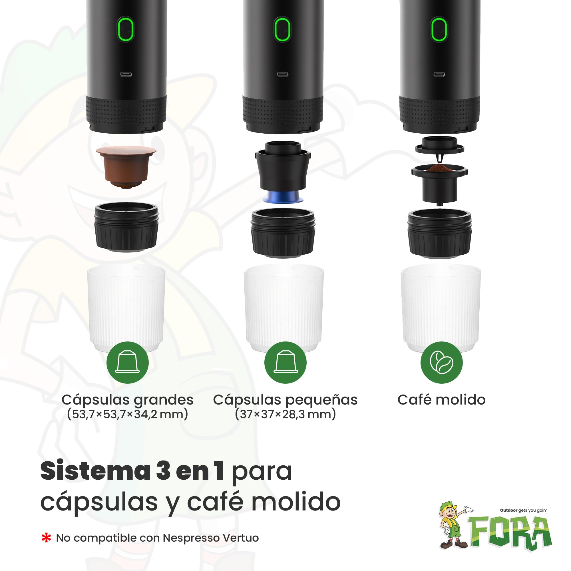 FORA Cafetera Portatil Espresso 3 en 1 - Capsulas y Cafe Molido, 20 Bares | Compatible Nespresso Original y Dolce Gusto. Bateria recargable USB-C, frio y caliente. Ideal coche, camping, oficina.
