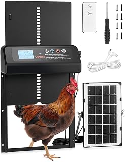 VEVOR Automatic Chicken Coop Door, Solar & Battery Powered Chicken Door with LCD Display, Remote Control, Light Sensor & Timer, Anti-Pinch Security, Aluminum Alloy Chick Run Gate Opener, Black