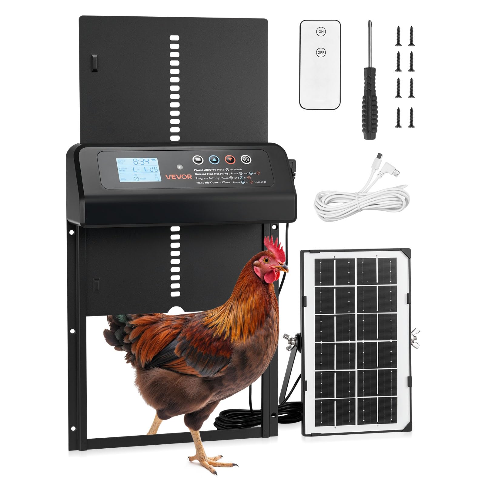 VEVOR Puerta Automática para Gallinero, Abridor Automático para Pollos Solar, con Mando a Distancia Pantalla LCD Sensor de Luz y Temporizador, Panel Solar y Batería, Protección Antipinzamiento, Negro