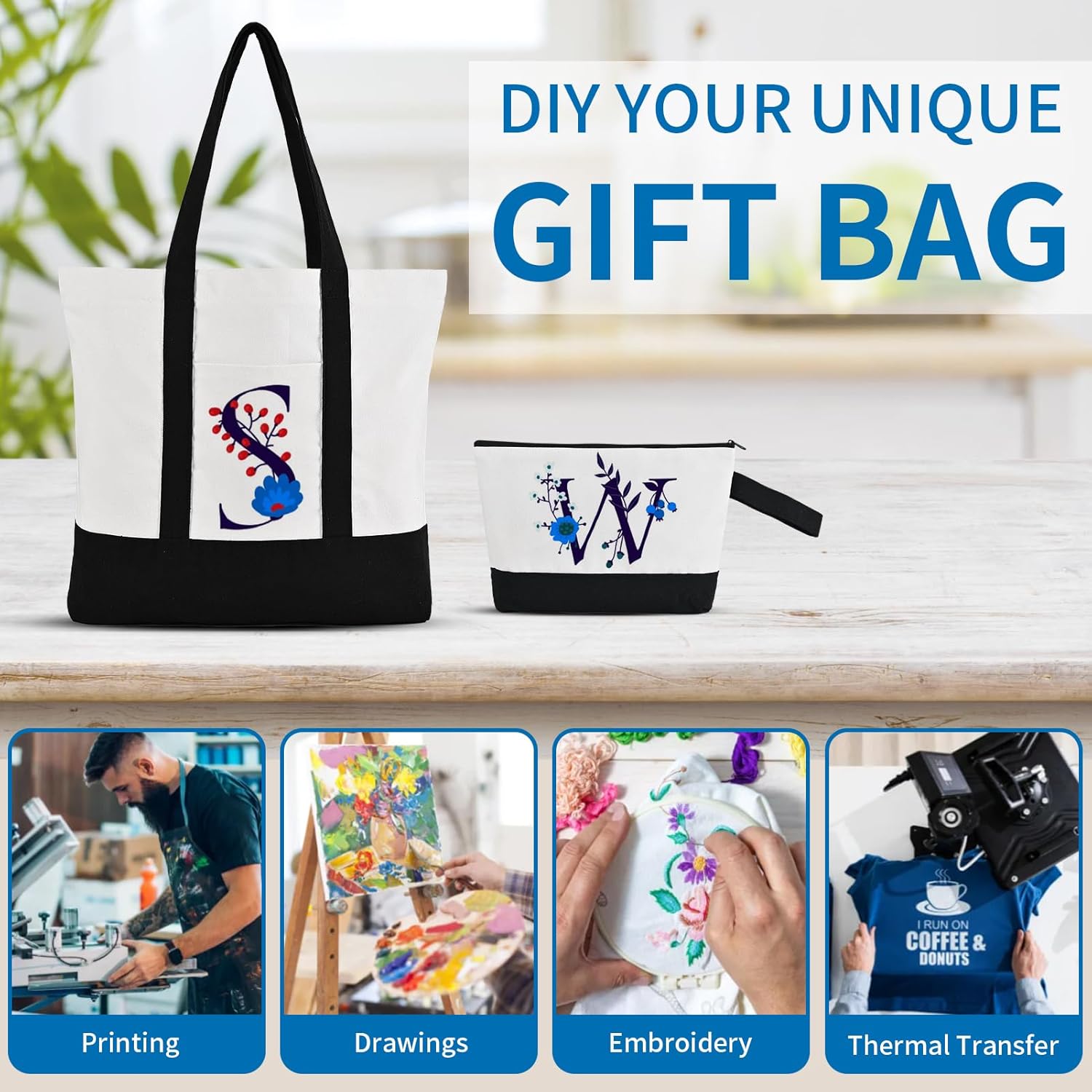 16 Pcs Canvas Tote Bags Bulk and Makeup Pouches Set, 12oz Cotton Reusable Zippered Grocery Bags with Handles, DIY Sublimation, Christmas Craft, Beach & Travel with External Pocket (Women & Men) - Image 8