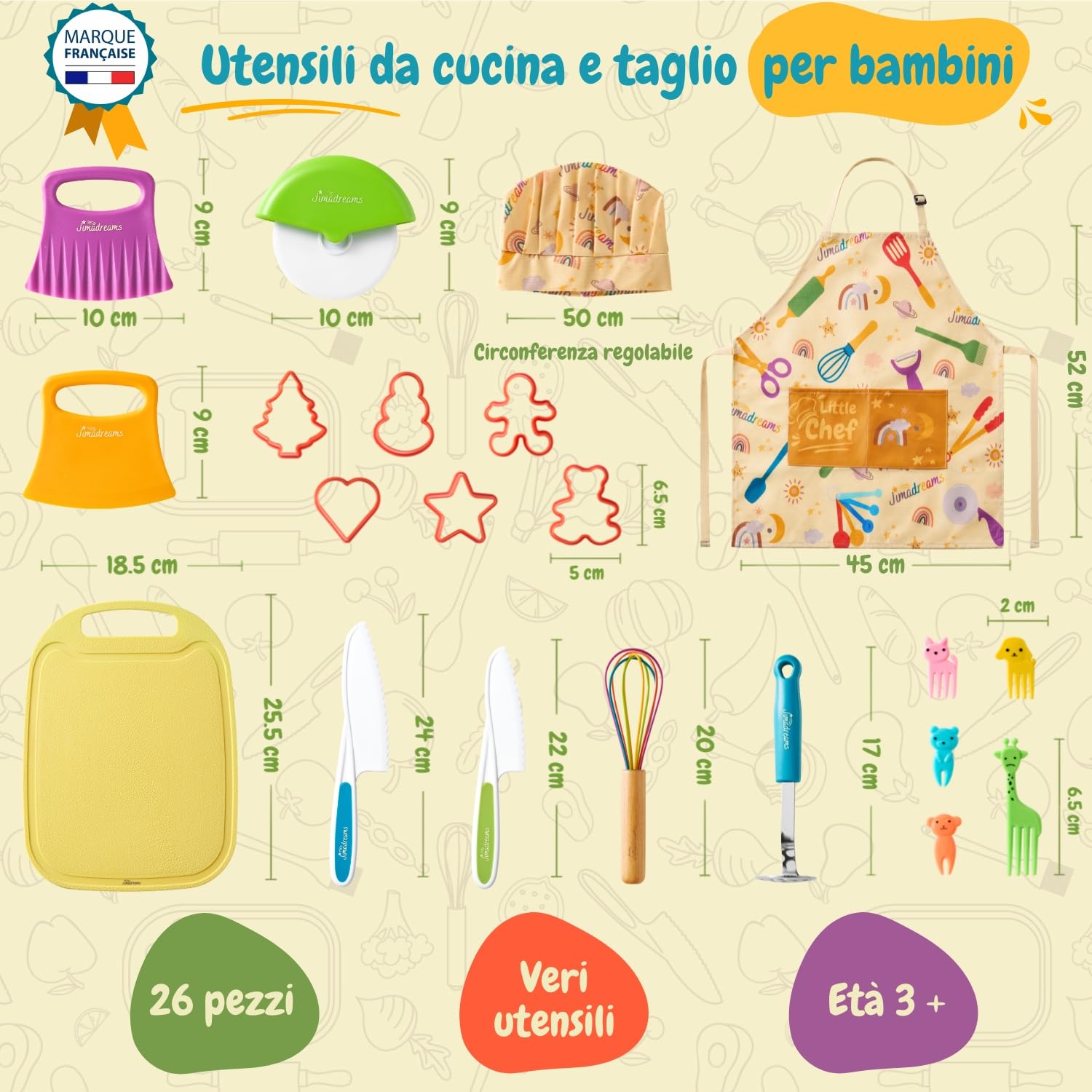 Set Cucina Bambini Montessori con Coltelli Antitaglio, Utensili Veri e Sicuri, Grembiule e Cappello da Chef - Kit Cucina e Pasticceria per Bambini - Regalo Bambina e Bambino dai 3 Anni
