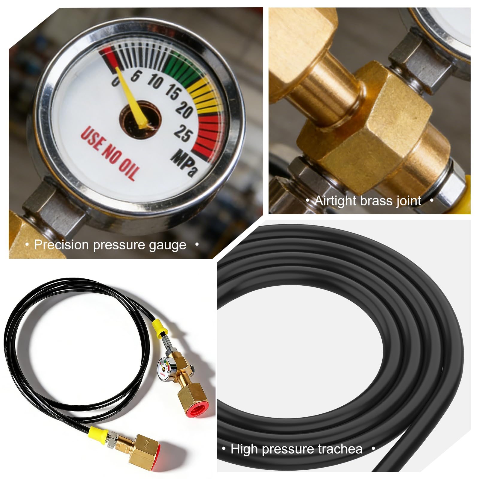 Wąż przelewowy CO2 1,5 m, adapter CO2, wąż wysokociśnieniowy z manometrem 3000 psi, przyłącze gwintowane 2 x W21,8 x 1/14", wąż do przelewu gazu ochronnego, butla gazowa, wąż, dystrybutor do argonu