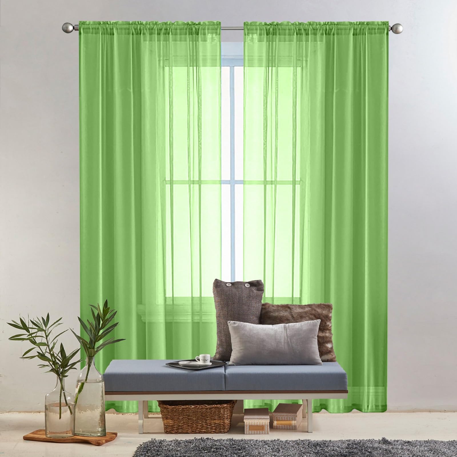 Voilage fenêtre broderie pour dressing et grand salon lumineux vert tendre 260x270