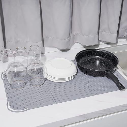 Miniatura 9 de NiHome Tapete de secado de platos triple extra grande de 24 x 13 pulgadas, plegable, compacto, de fácil almacenamiento, tapete de secado de silicona