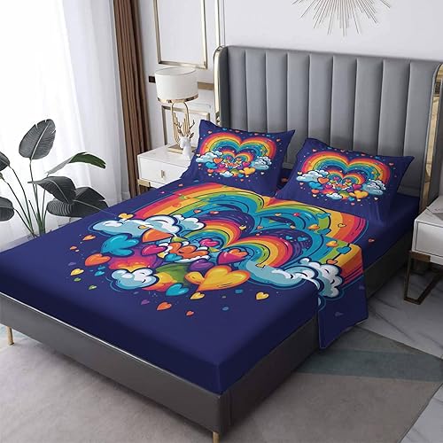 Juego de sábanas de arcoíris tamaño Queen, sábanas de corazón, sábanas y fundas de almohada estampadas de 4 piezas, sábana bajera ajustable de