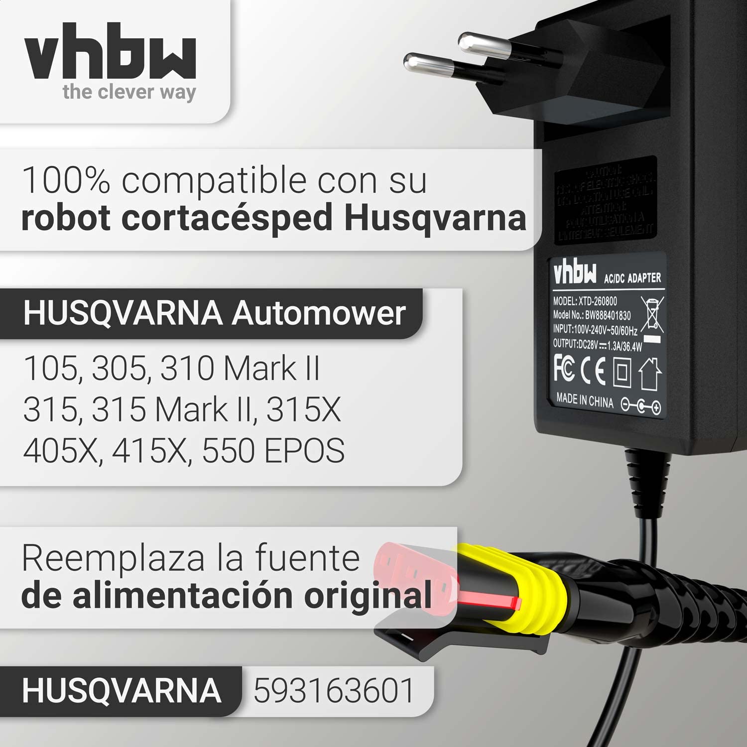 vhbw Fuente alimentación CA/CC Compatible con Gardena Sileno Life, Sileno Minimo, R80Li, Sileno City Robot cortacésped - 10,1 cm