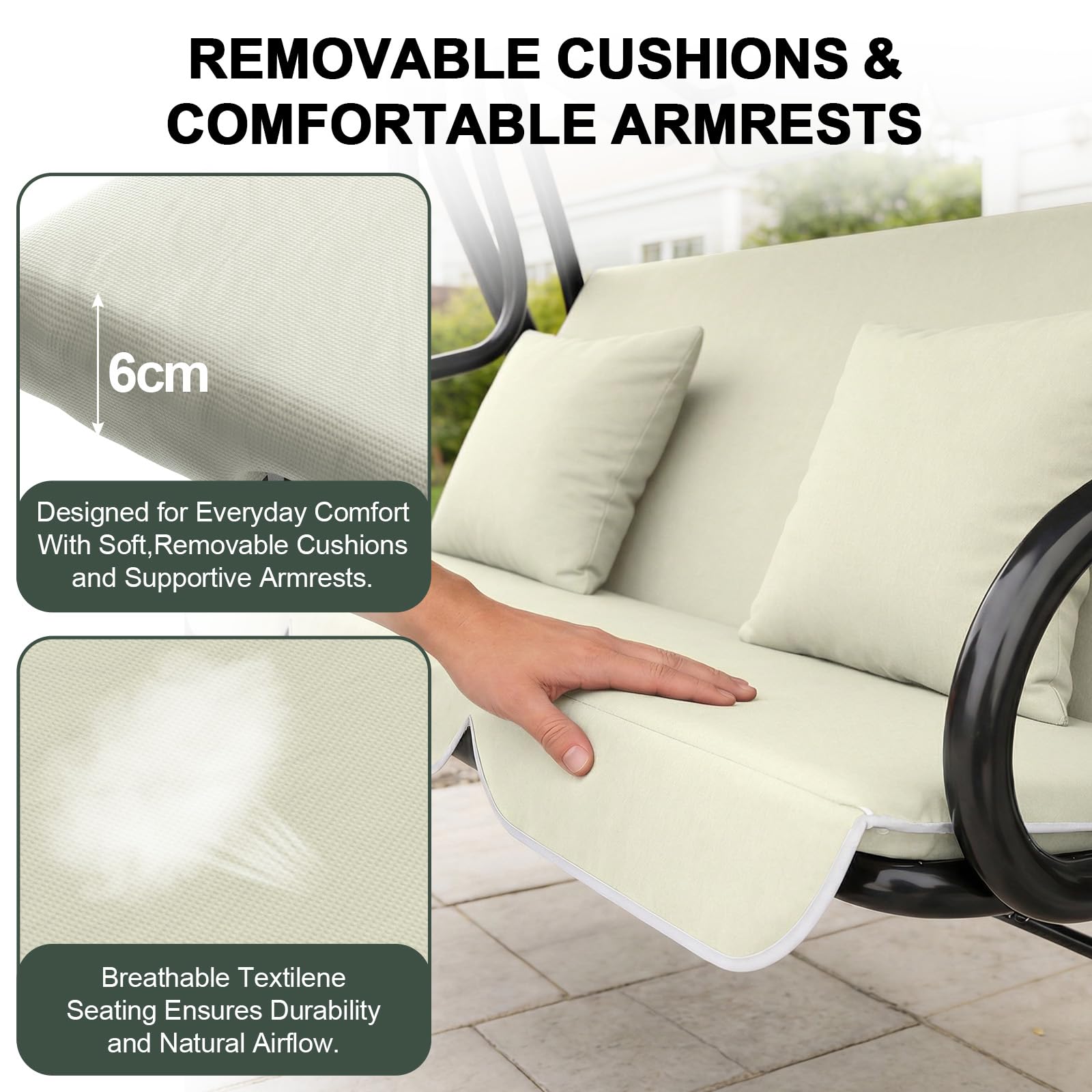 Huracan Balancelle de jardin 3 places, avec fonction allongée, coussin d'assise extra épais et auvent réglable, résistant aux intempéries, chaise longue de jardin, banc à bascule, fauteuil à bascule