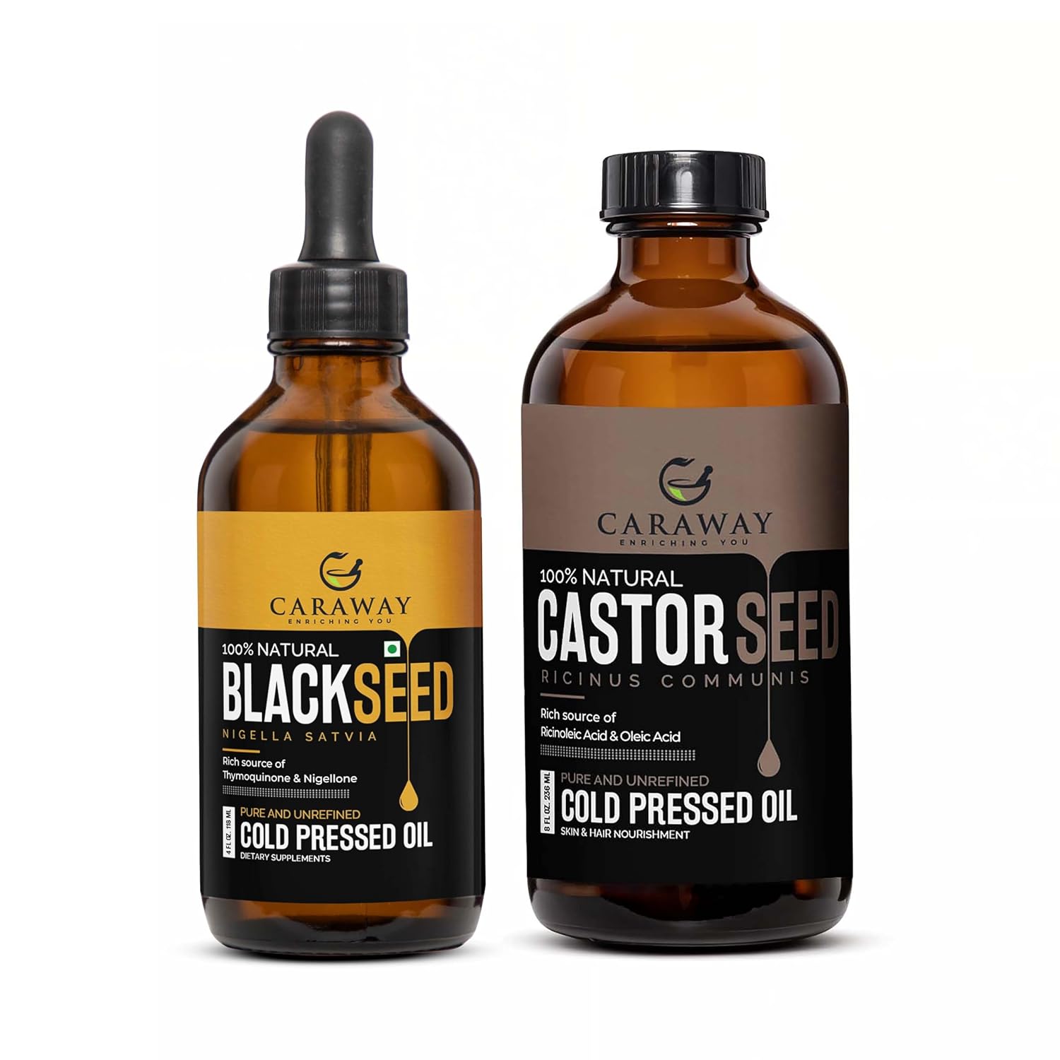 CARAWAY Organic (Black Seed) Kalonji Oil 118 ml with Castor Oil 236 ml Combo – Promotes Hair Growth