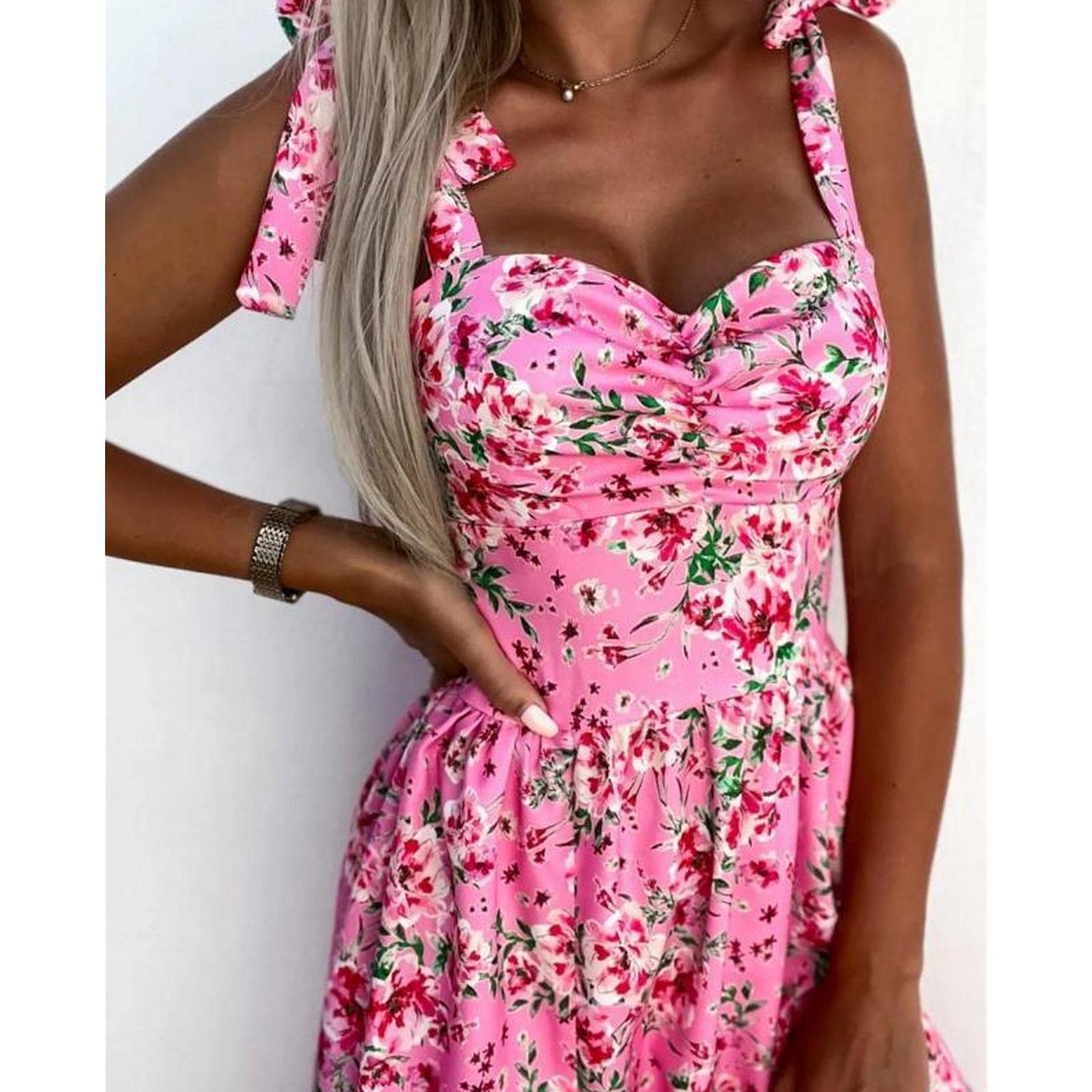 MOGSA Abiti estivi Spaghetti Strap Dress Donna Stampa Floreale Senza Maniche Sling Dress Slash Neck Spacco Beach Party Dress Sundress-Blue Flower,S