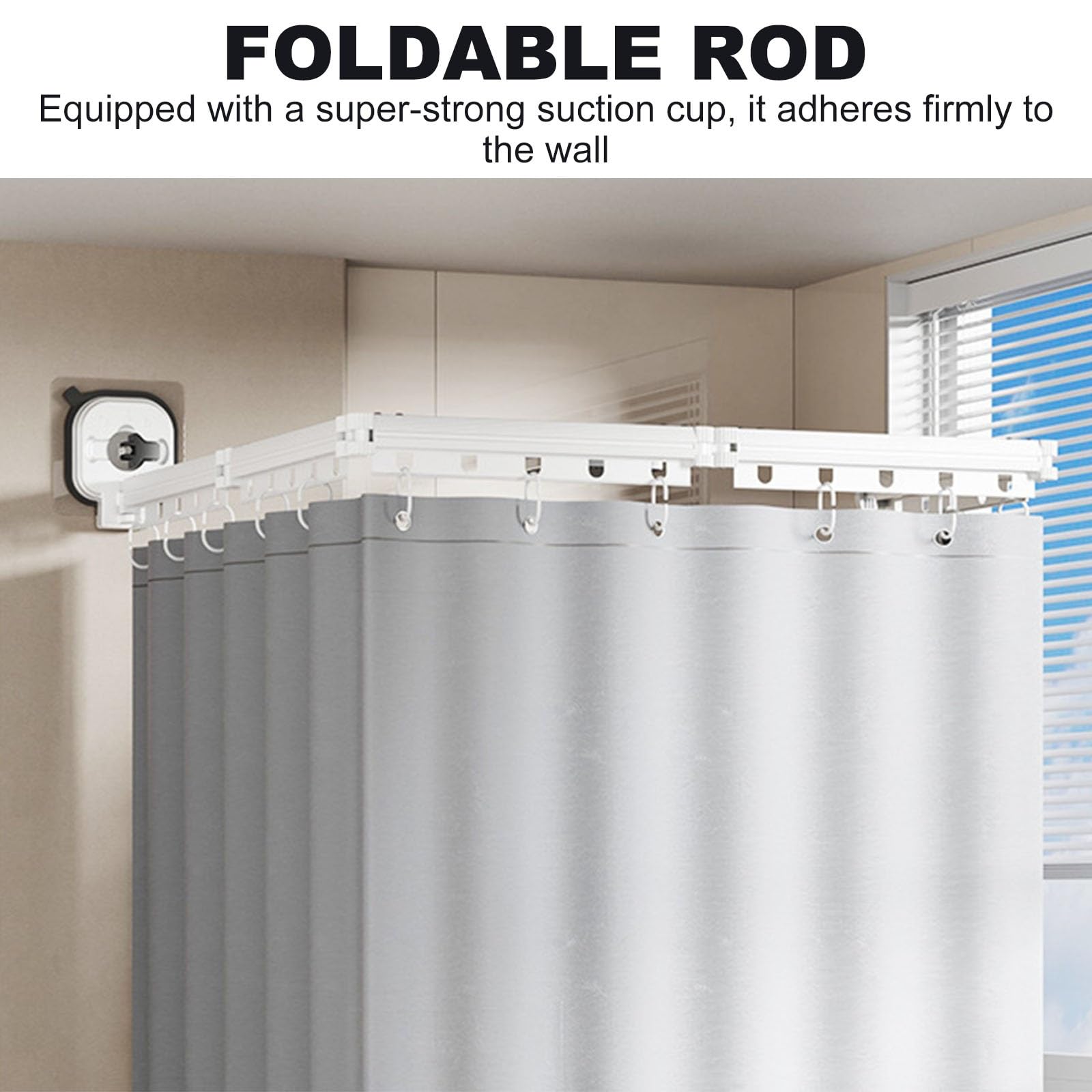 Tenda da doccia pieghevole a parete, con ventose senza punzonatura, asta per doccia regolabile e resistente, per vasca da bagno (grigio, 4 pieghe (tenda 1,5 m x 2 m)