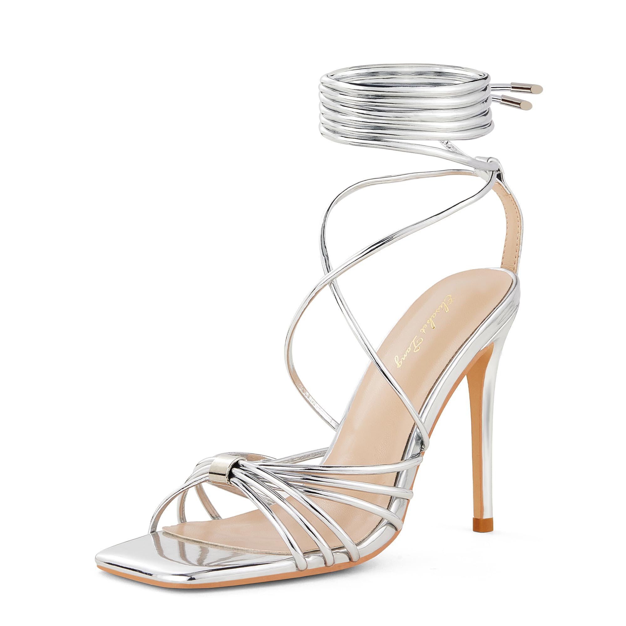 Elisabet Tang Women Strappy Heeled Sandals Lace Up 4 Inch Stilettos Square Open Toe High Heels Ankle Strap for Prom Party Evening