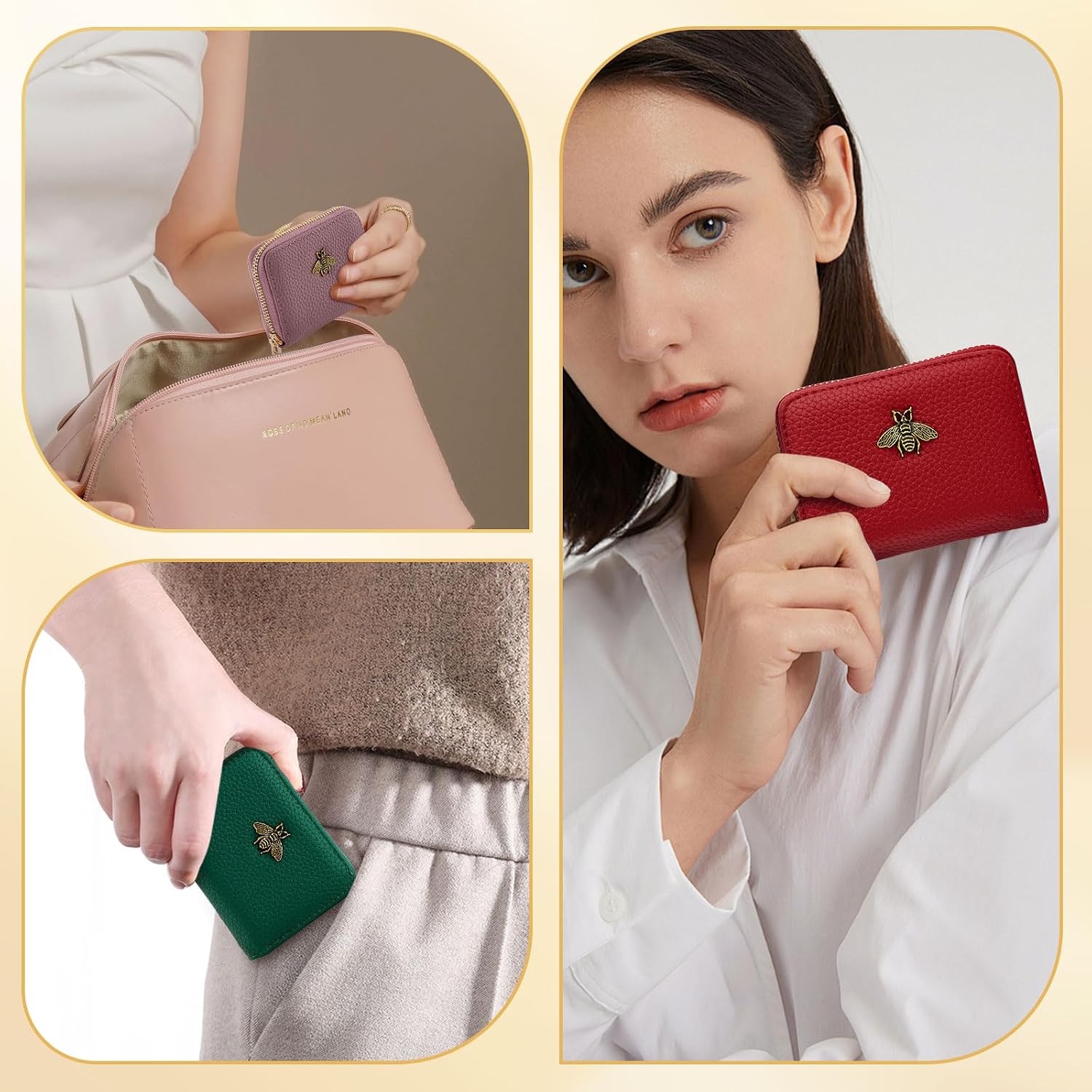 WOZEAH Leather Credit Card Holder for Women Wallet RFID Blocking Zipper Wallet Card Case Business（Red）