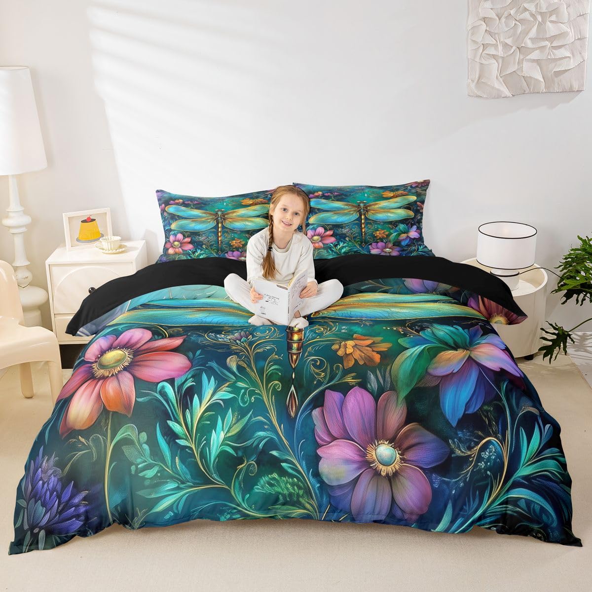 Homewish Ozdobna ważka nadruk super king pościel 3D olej kwiat nadruk poszewka na kołdrę zestaw złote ważki wzór poszewka na kołdrę dla dzieci chłopców dziewcząt, boho kolorowe botaniczne kwiaty