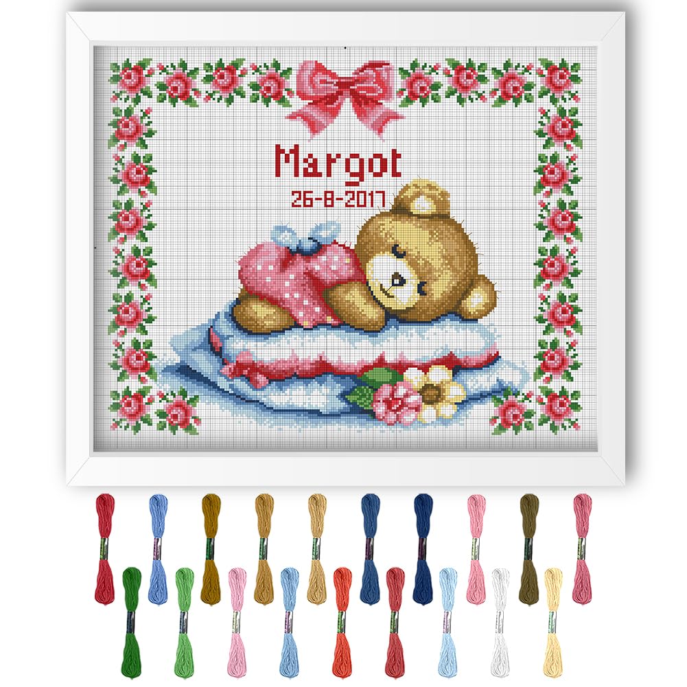 FREEBLOSS Cross Stitch Kit for Beginners 11CT Sleeping Bear Stamped Cross Stitch Wall Hanging DIY Embroidery Kit with Instructions 15.8" x 19.7"/40x50cm