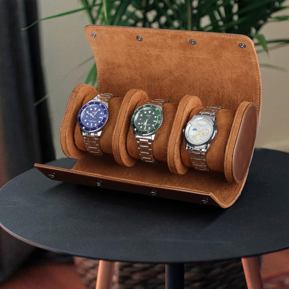 Watch Roll Travel Case for 3 Watch, Watch Case for Men and Women, Luxury Leather Portable Watch Case Roll Organizer for Home Storage, Travel and Display with White BOX (Brown, 3 slot)