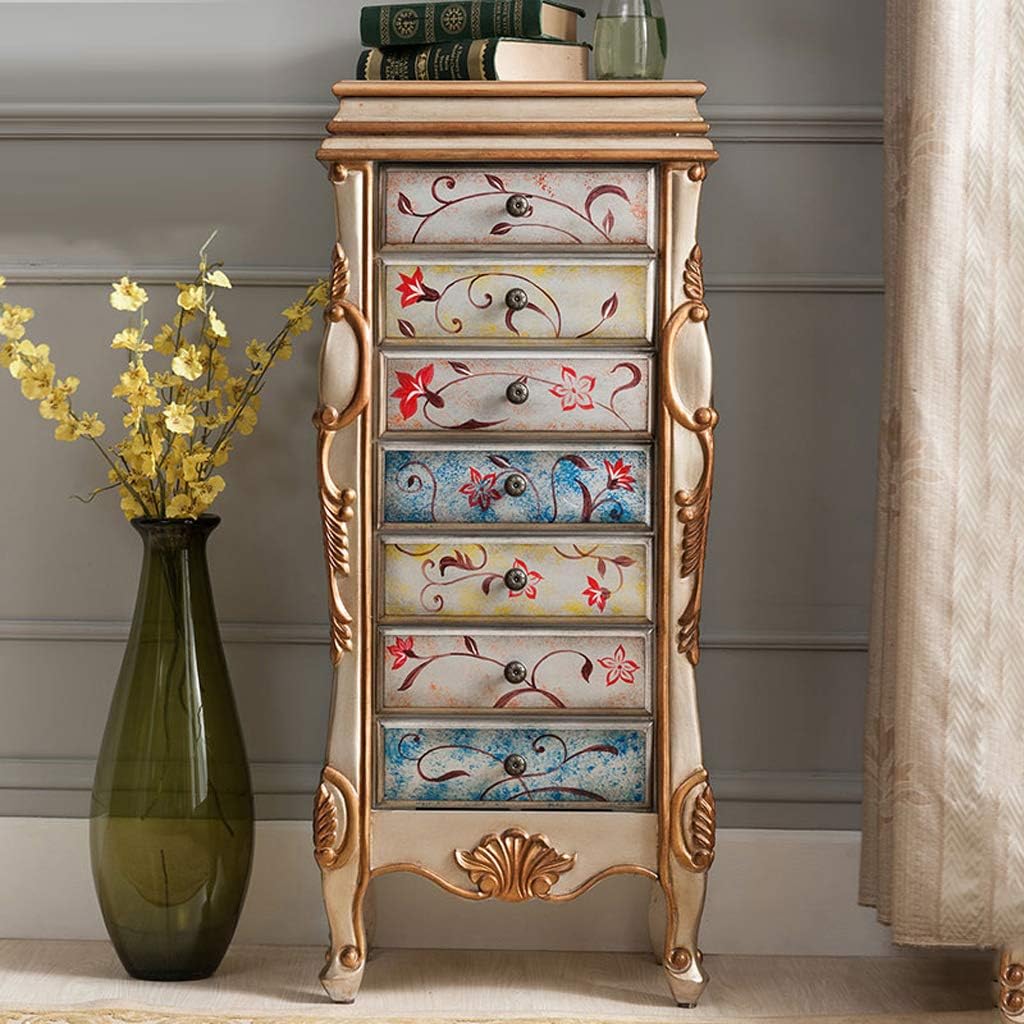 Lxn Standing Cabinet Storage Chest with 7 Drawers, 2 Swing Doors, 12 Necklace Hooks, Makeup Mirror and Top Divided Storage Organizer, Large Standing