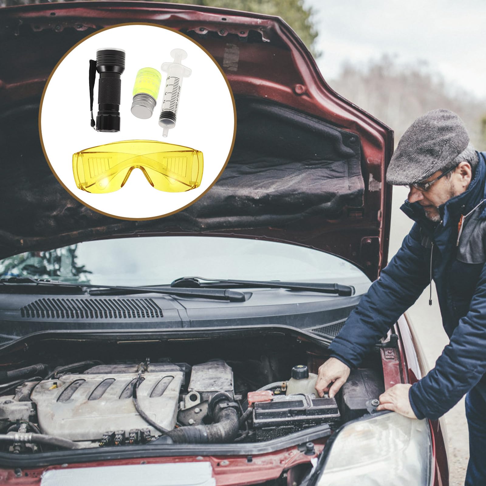 Lecksuchgerät für Kfz Klimaanlagen mit Kunststoff und Metall Einfach zu Bedienen Inklusive Fluoreszierendem Farbstoff und Schutzbrille für Reparaturarbeiten