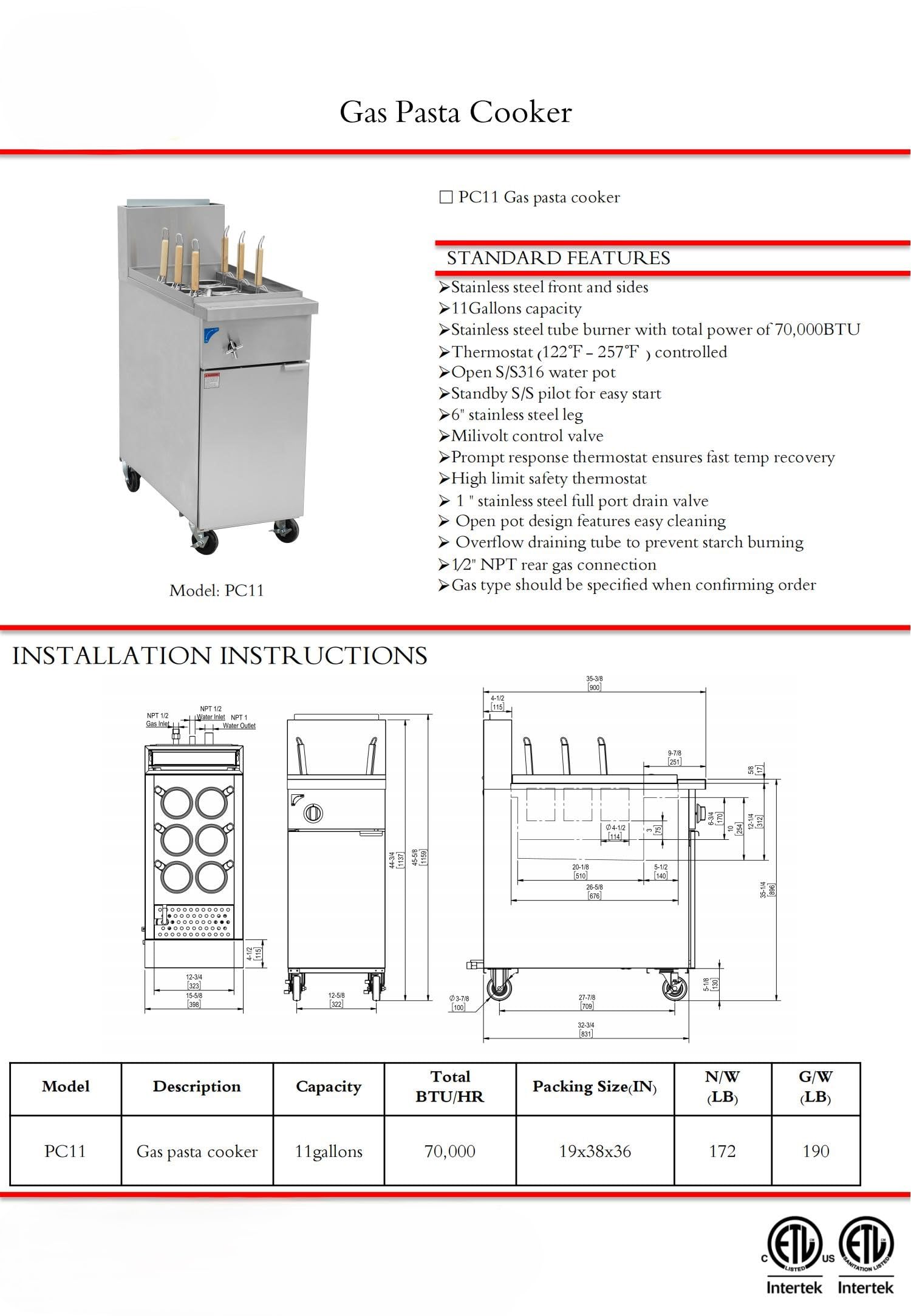 Commercial Gas Pasta Cooker, 70000 BTU, 11 Gallon Capacity, 6 Holes, Stainless Steel Construction PC11-1 ETL