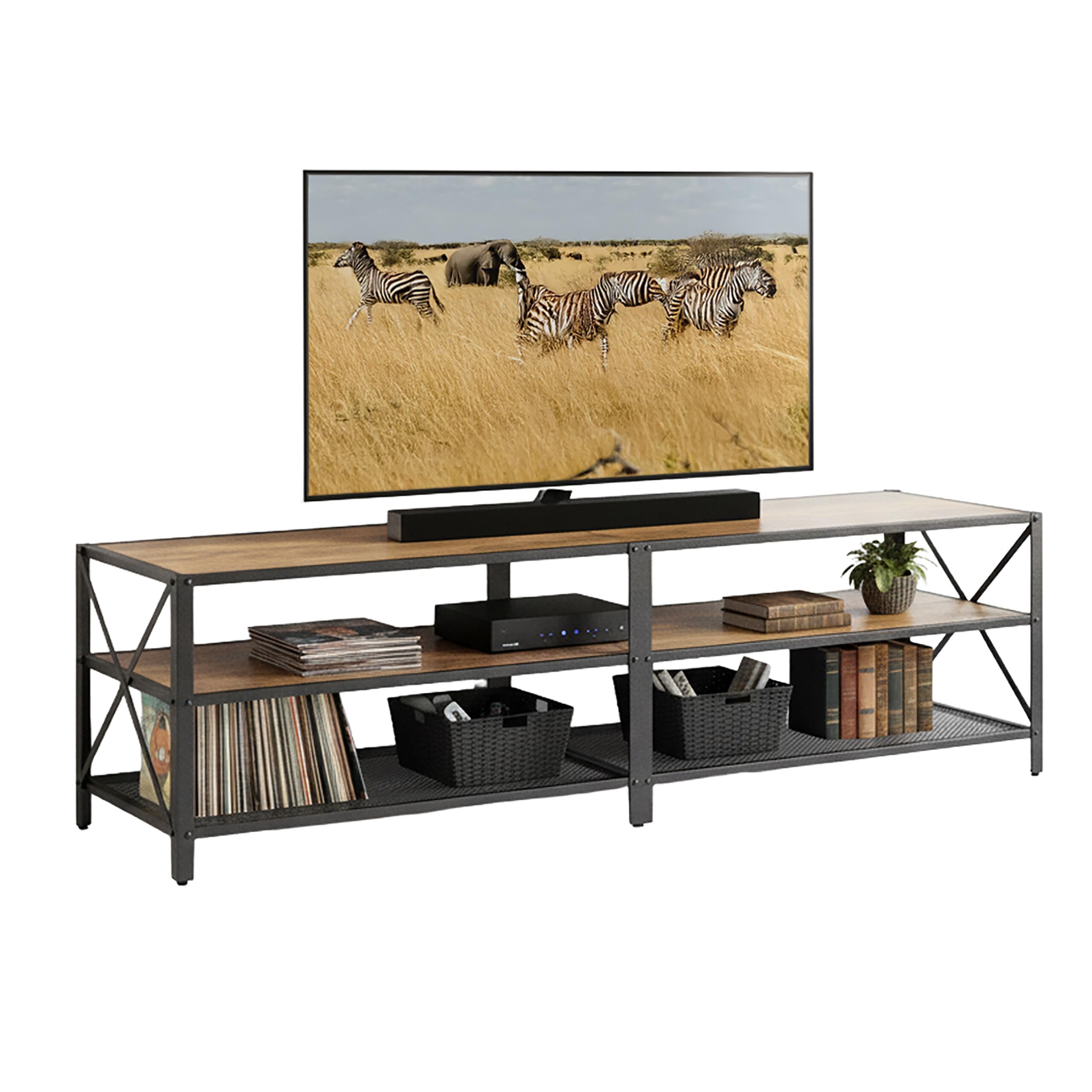 Relaxdays Mobile TV Lowboard, 4 Scomparti, Fino a 75 Pollici, HxLxP: 52x180x39 cm, Marrone/Nero