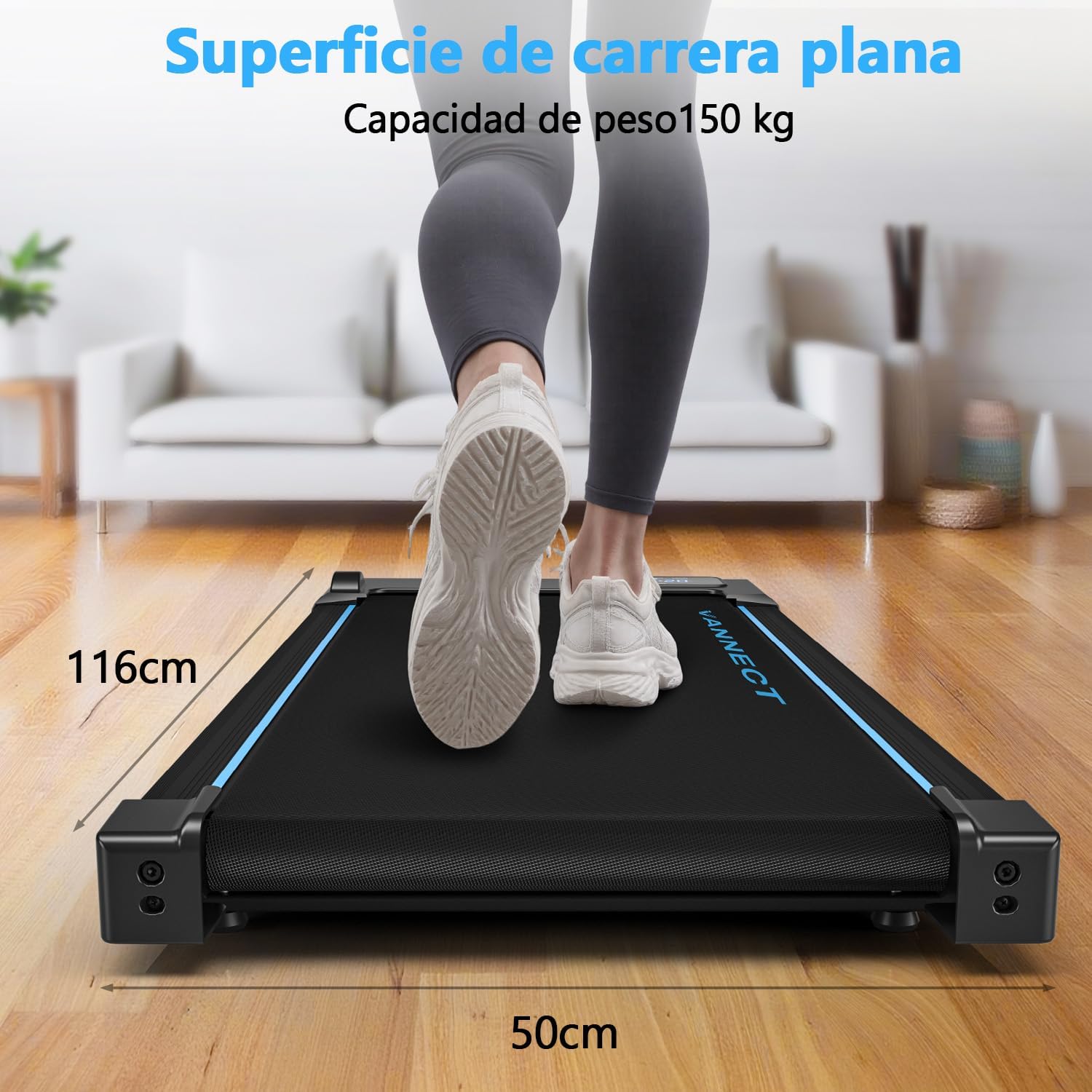 Treadmill running surface with dimensions 116cm length and 50cm width.