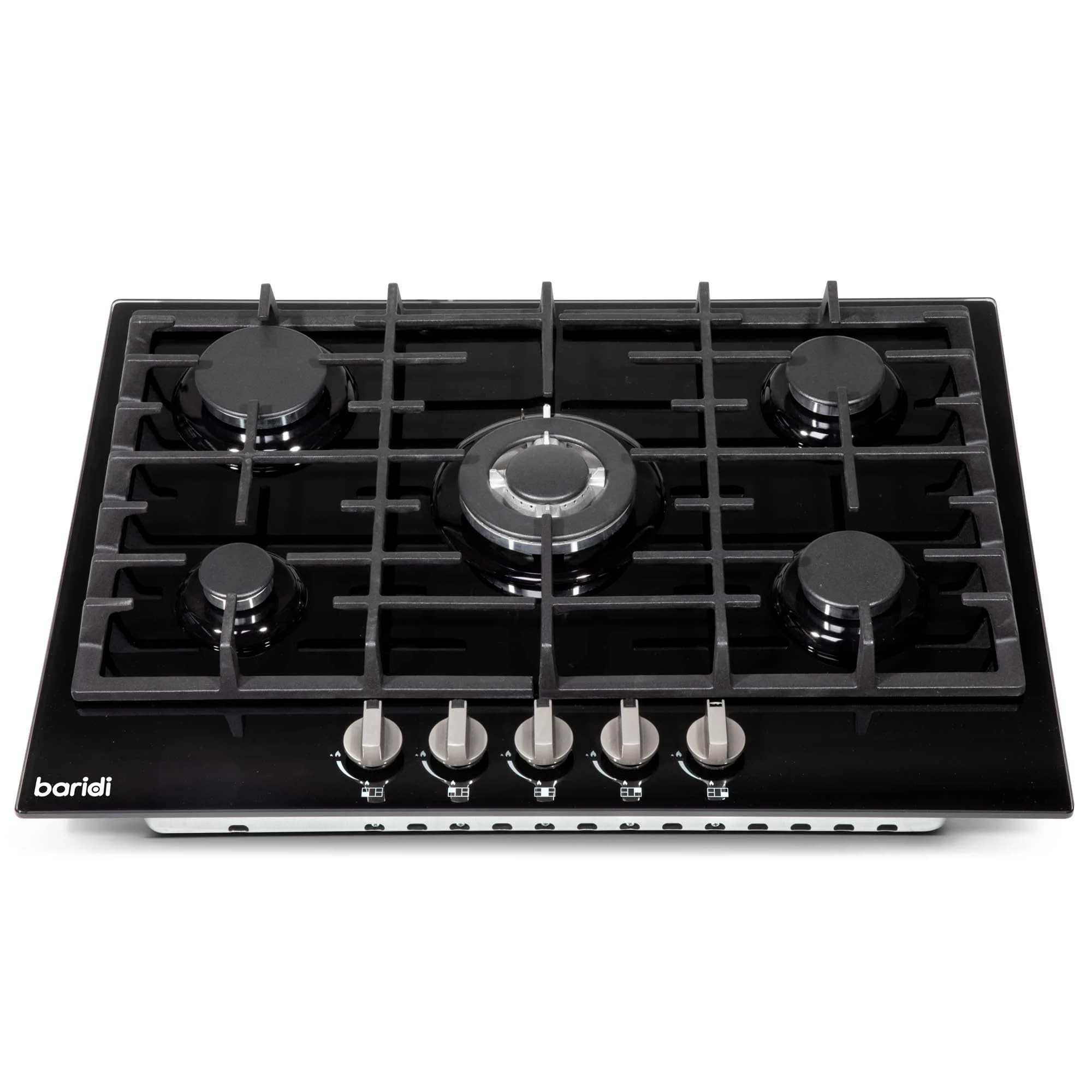 Baridi 70cm Gas on Glass Hob with 5 Burners, Cast Iron Pan Supports and Auto Ignition, 11kW, Black Glass - DH228 — view 8