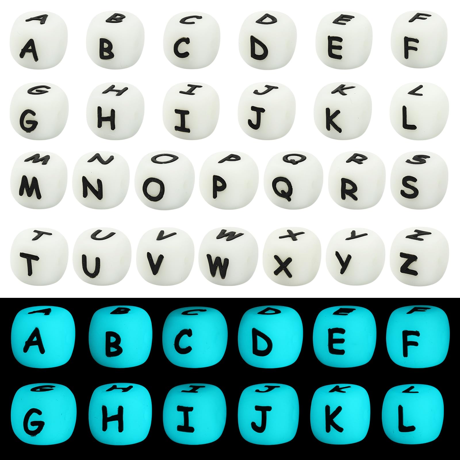 LEGENTLISUR 26Pcs Silicone Luminous Letter Beads 12mm Square Dice Alphabet Loose Beads for Friendship Bracelets Words Keychains Jewelry Crafting DIY Projects