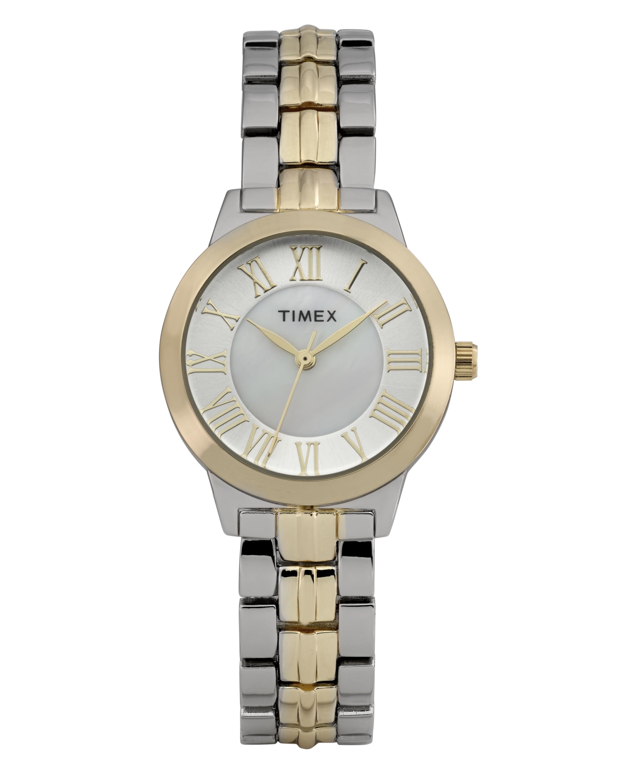 Timex Main Street TW2Y38300 Zegarek damski, 30 mm, dwukolorowa bransoleta ze stopu metali szlachetnych, srebrna tarcza i dwukolorowa koperta
