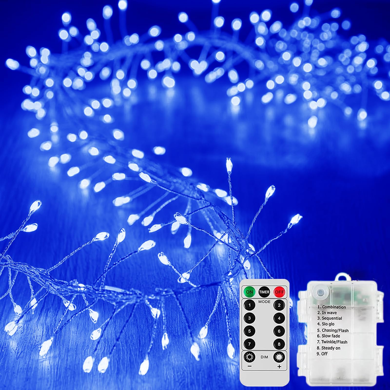 KINGCOO Cluster Fairy Lights with Remote Timer, 3M 100LED Silver Wire Firecracker Garland String Lights Battery Operated 8Mode for Outdoor Indoor Bedroom Wedding Christmas Party Decoration (Blue) — image 1