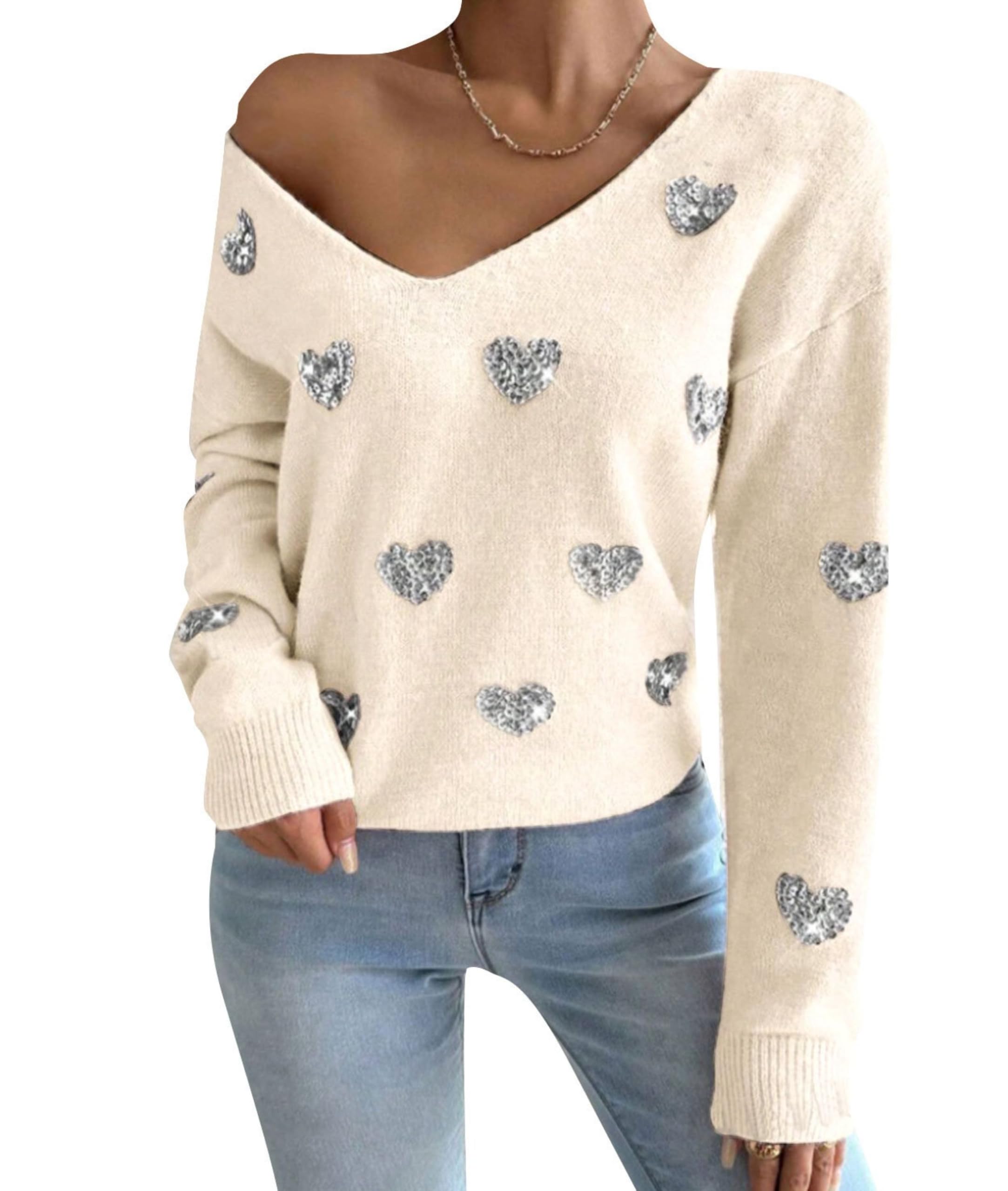 BAIMORE Womens Romantic Valentines Day Heart Sequin Sexy V-Neck Long Sleeve Pullover Knit Sweater Top
