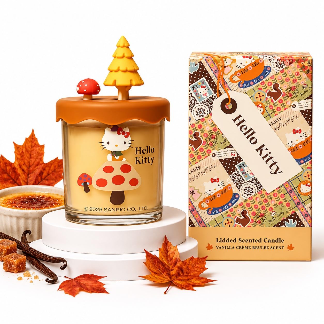 Hello Kitty Vanilla Crème Brulee Scented Candle – 1-Wick 213g Autumn Candle with 35hr Burn, Sweet Dessert Fragrance, Glass Jar with 3D Silicone Lid, Home Décor Gift