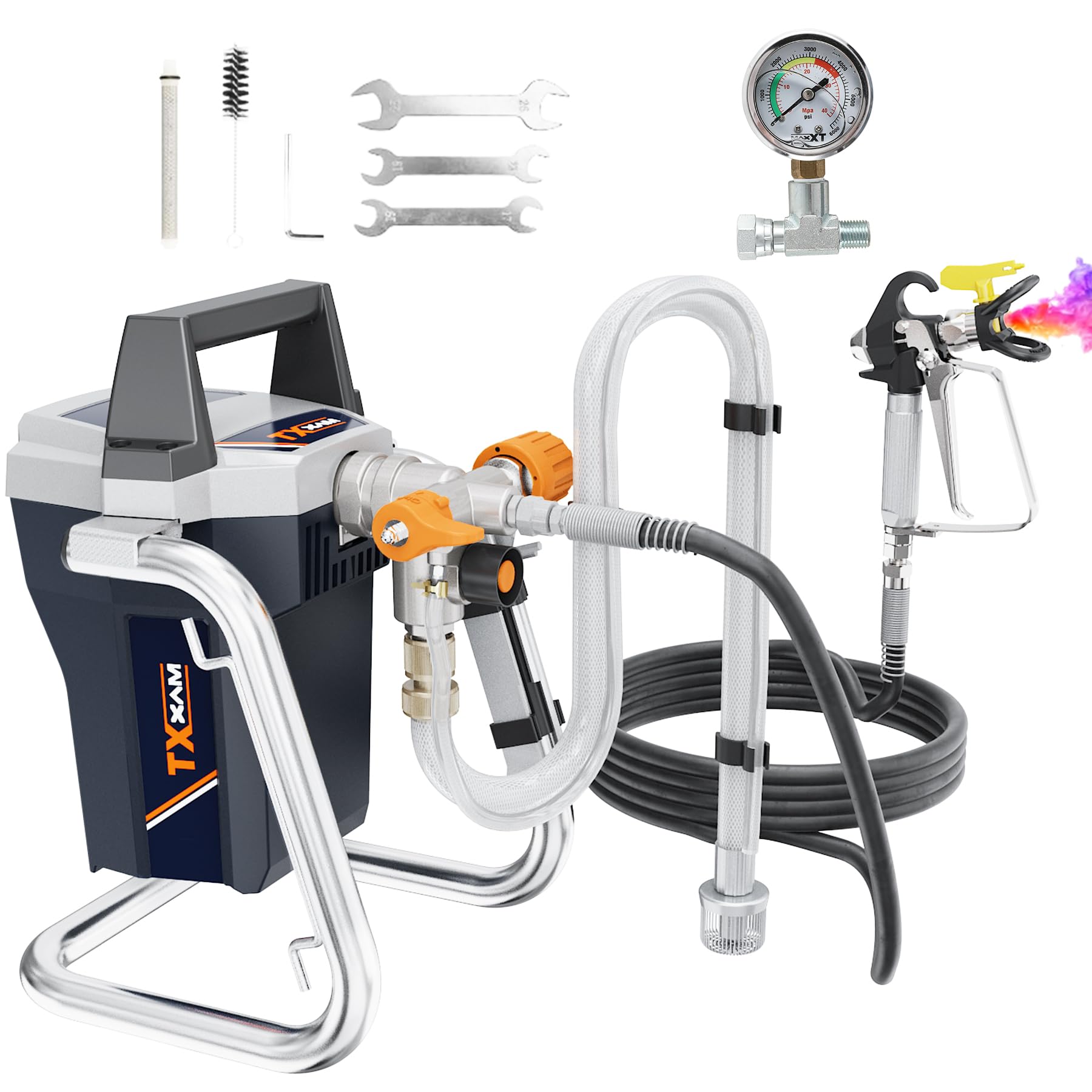 MAXXT Aerografo Airless Alta Potenza 1300W, 220-240V~50Hz, Pressione Max 3000PSI/20.7MPa, Portata 1,44L/min, Tubo 7,5m, Ugello 517, Manometro & Accessori Completi per Casa e Professionale