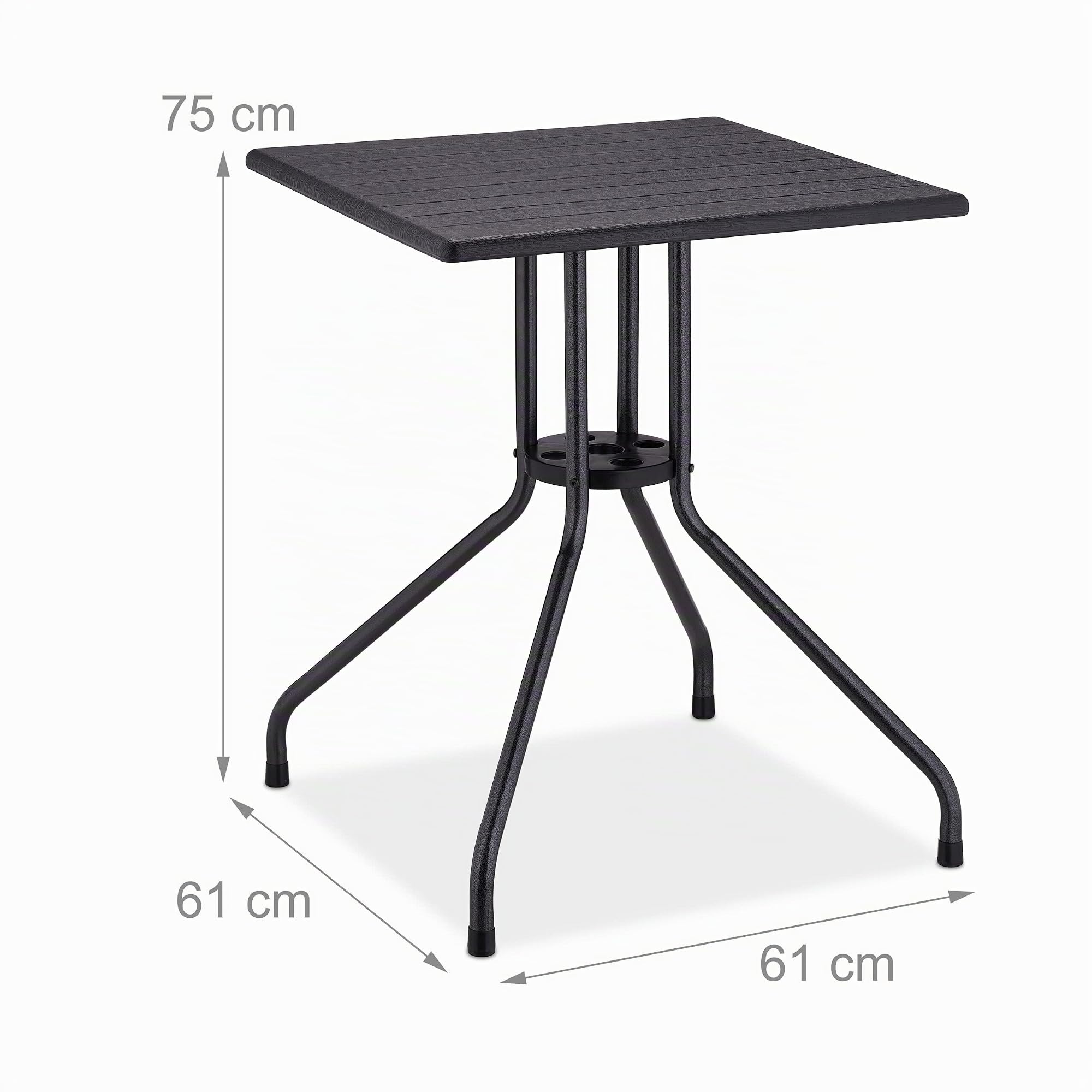Relaxdays Tavolino da Giardino, HLP: 75x61x61 cm, Tavolo Quadrato da Balcone, in Plastica Effetto Legno e Acciaio, Nero
