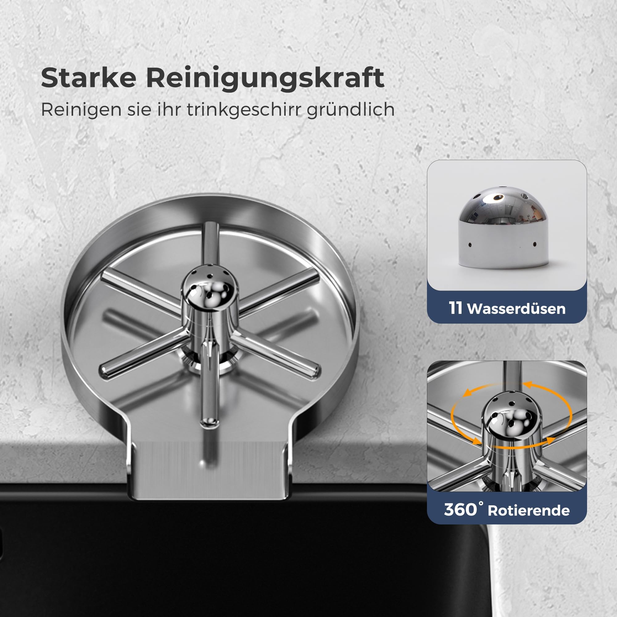 Vancoco G3/8" Automatische Edelstahl Glasspüler für Küchenspülen Tassenreiniger Flaschenwascher für Bar Restaurant Babyflasche Cafés mit 360° Drehbaren Düsen （Gebürsteter Edelstahl）