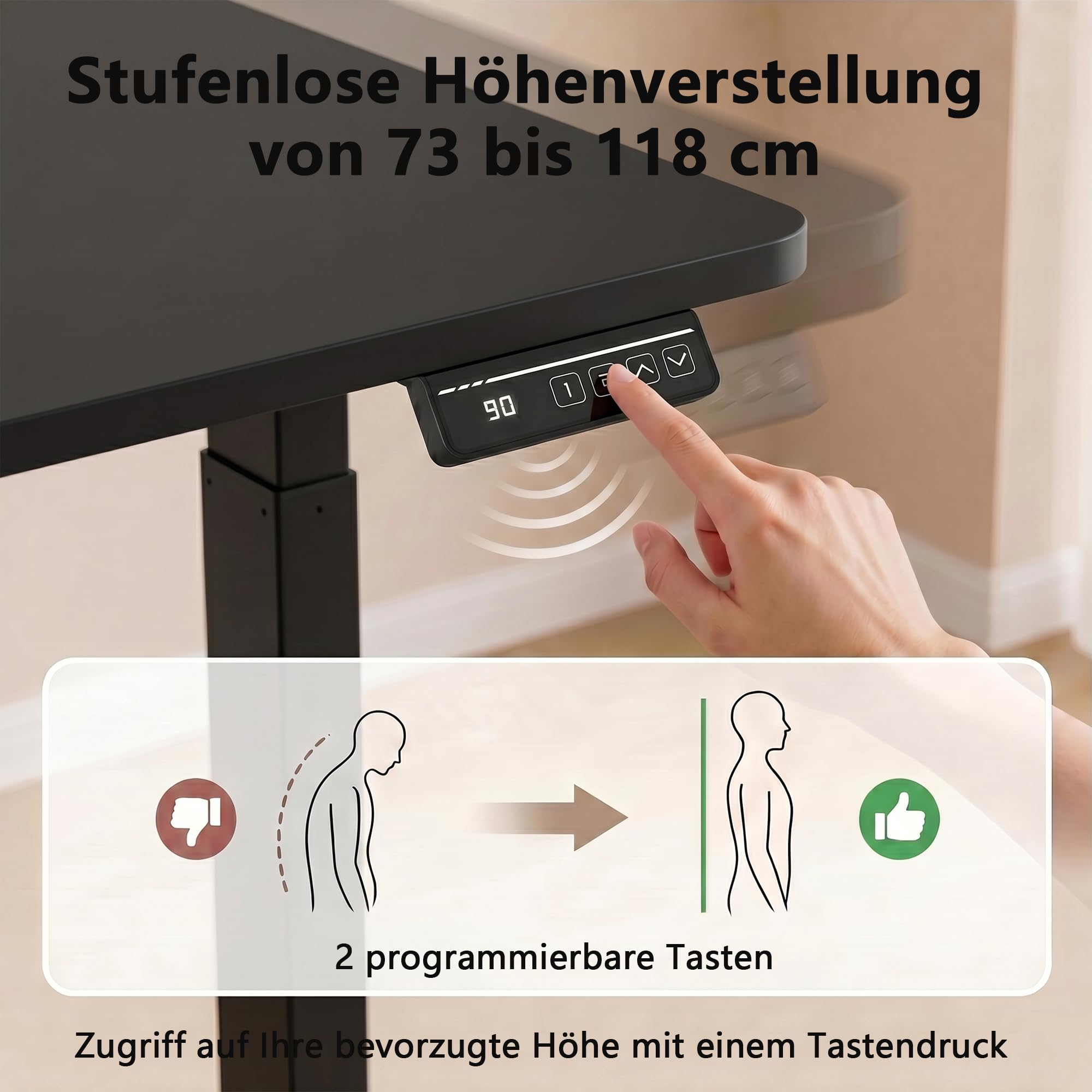 JUMMICO Höhenverstellbarer Schreibtisch 140x60cm, Elektrischer Schreibtisch mit 2 Speicherplätzen, Standing Desk mit 2 Memory Funktion Computertisch mit Kabeldurchführung und Haken, Schwarz
