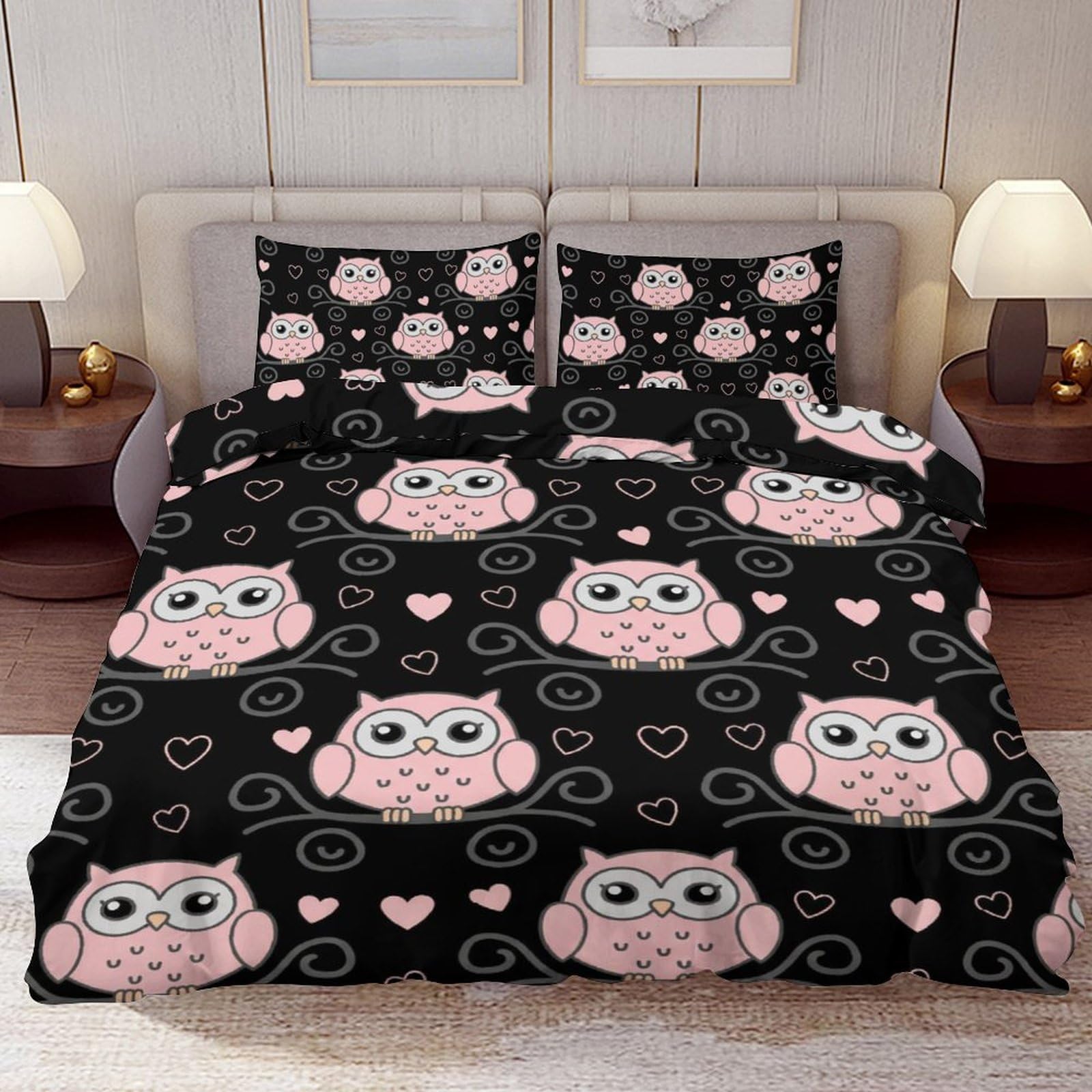 Delerain Comforter Cover Set Full Size, Cute Cartoon Pink Owl 3-Piece Bedding Set for Boys Girls Teens Modern Soft Microfiber Bedroom Set Room Decor, 1 Duvet Cover + 2 Pillowcases