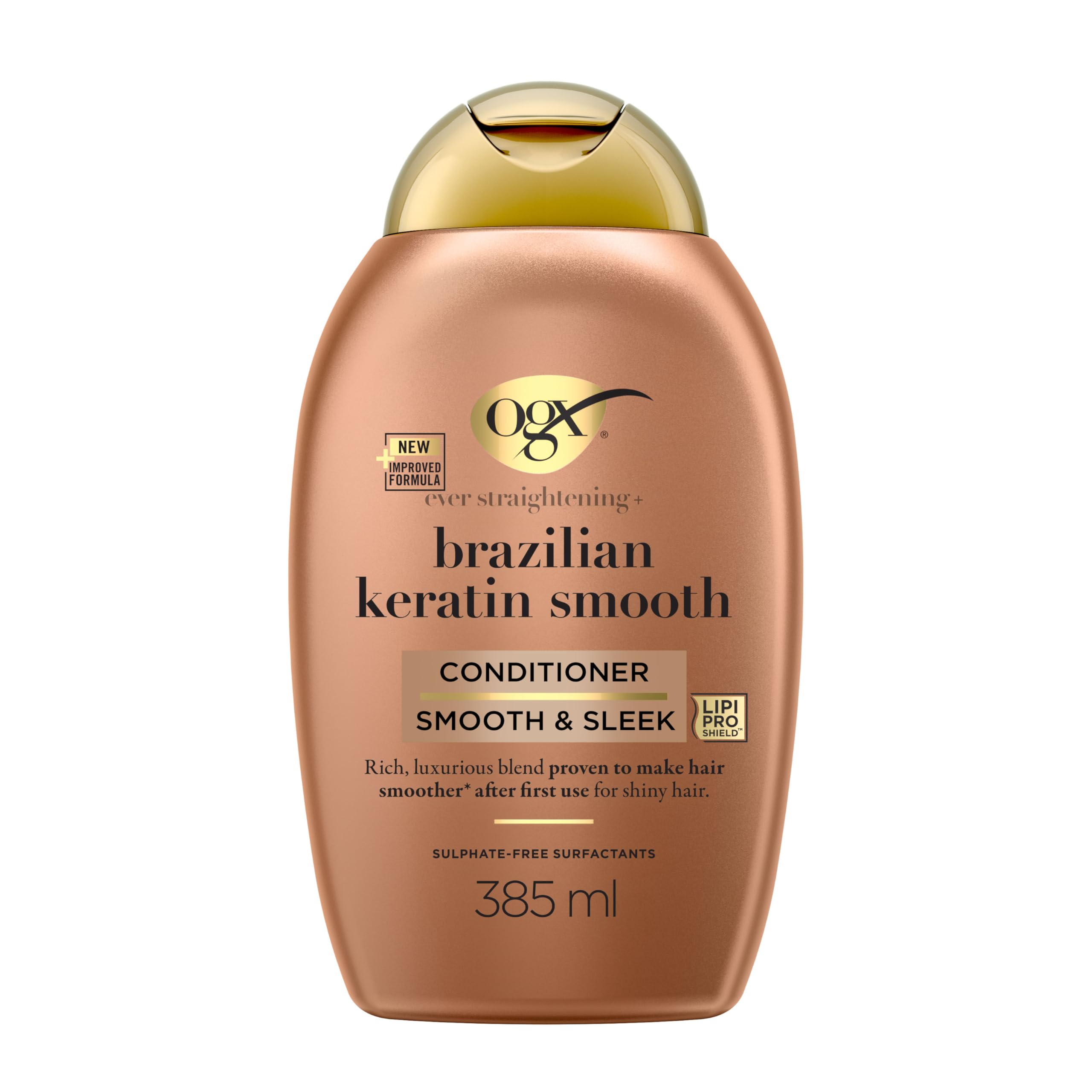 OGX Ever Straightening + Brazilian Keratin Smooth Conditioner (385 ml), acondicionador alisador con aceite de coco y proteínas de keratina, tensioactivos sin sulfatos, para pelo grueso