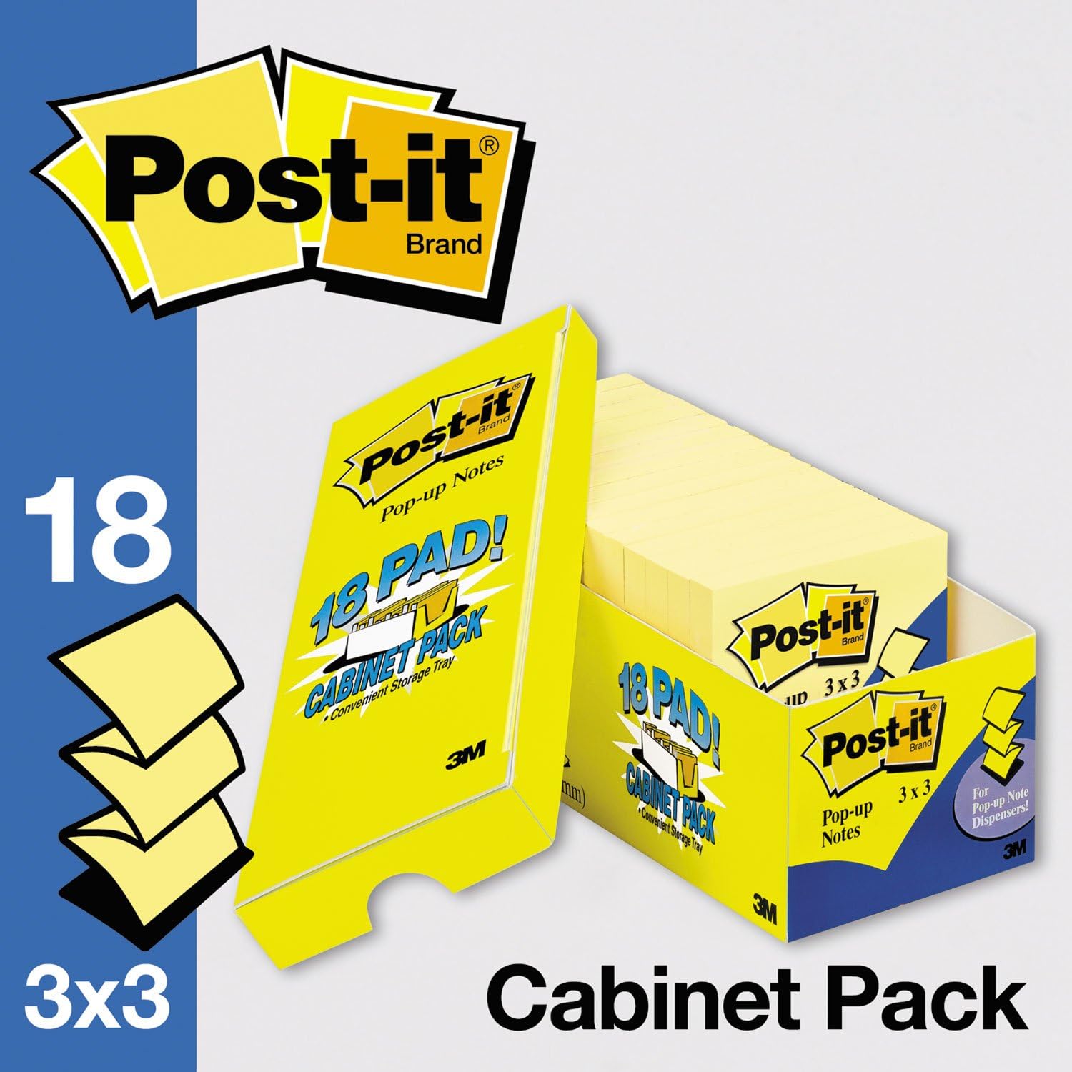 Post-it Pop-up Notes, 3 in x 3 in, 18 Pads, America's #1 Favorite Sticky Notes, Canary Yellow, Clean Removal, Recyclable (R330-18CP)