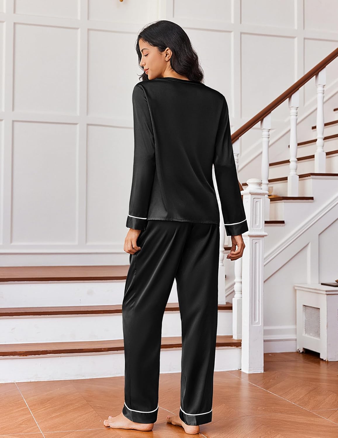 Ekouaer Satin Pajama Set for Women Soft Silk Sleepwear Long Sleeve V Neck Loungewear 2 Piece Pj Sets - Image 3