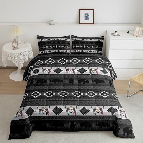 Western Comforter Set Full,Longhorn Skull Southwestern Bedding Set Ethnic Tribe 